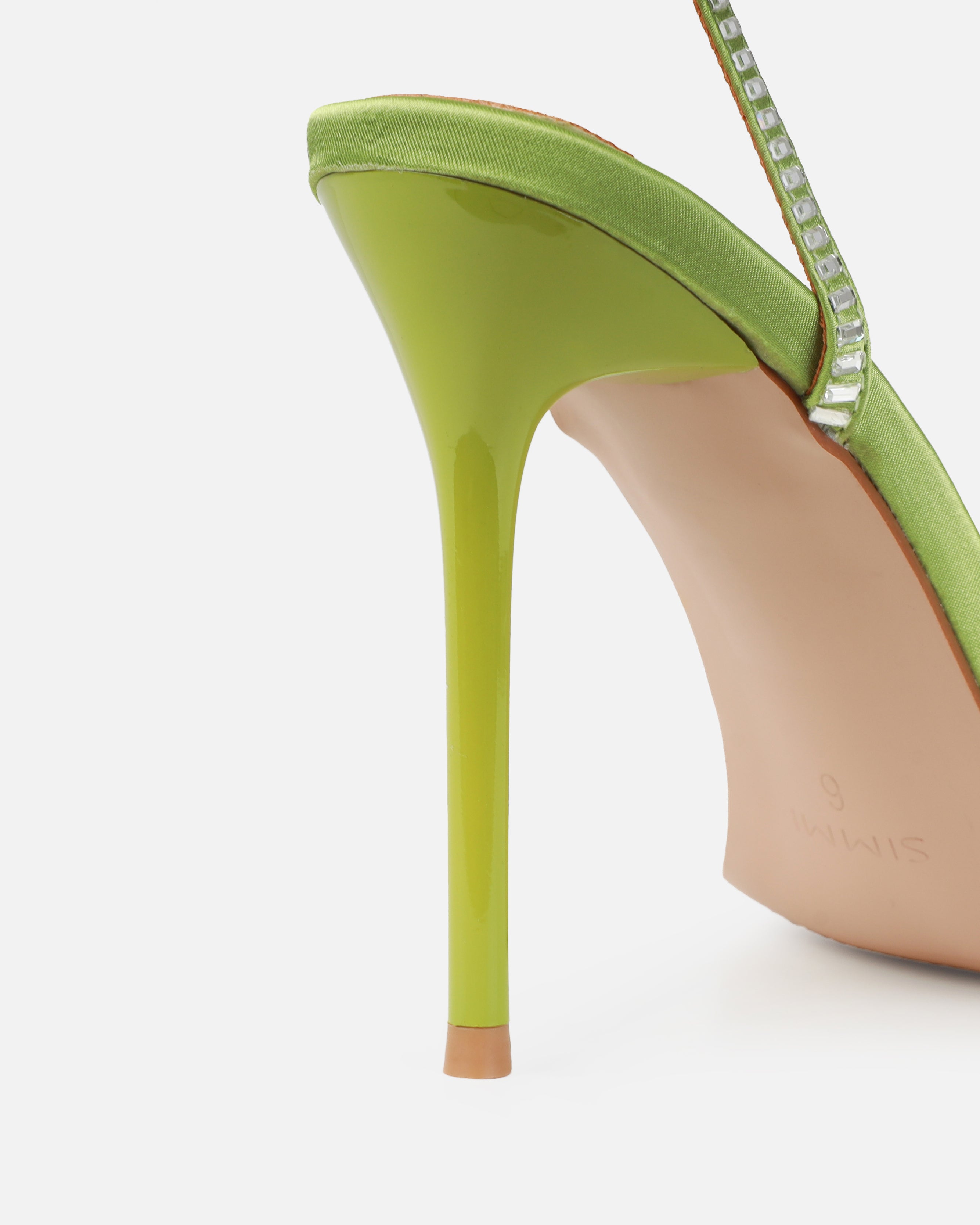 Mary Bedford Dola Green Satin Strappy Diamante Stiletto Heels | SIMMI London