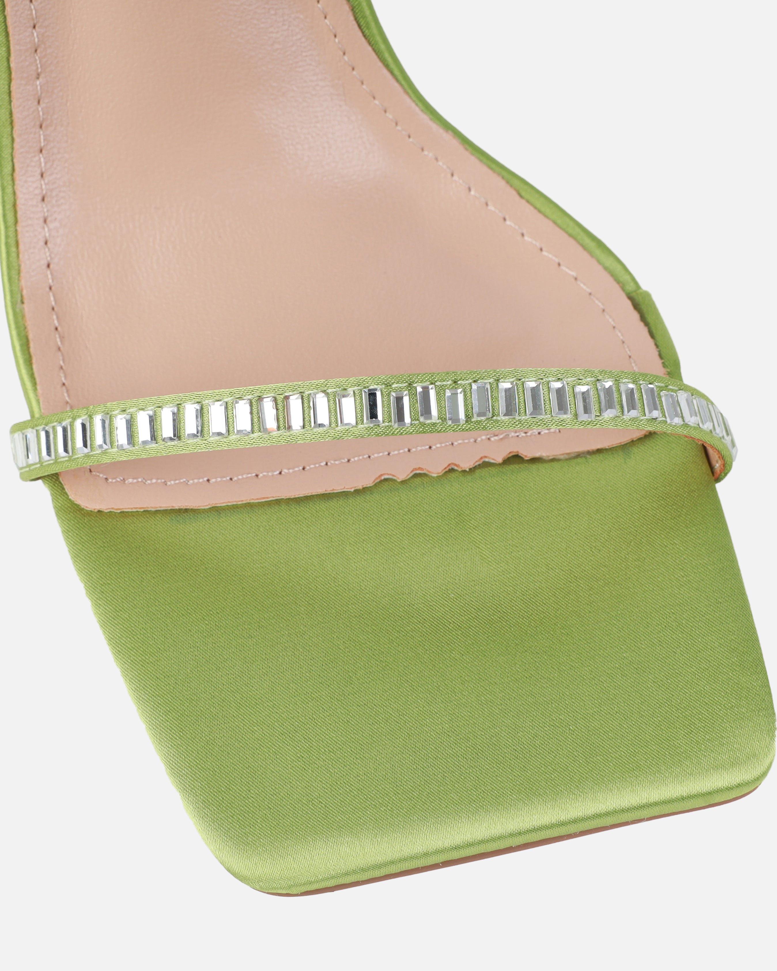 Mary Bedford Dola Green Satin Strappy Diamante Stiletto Heels | SIMMI London