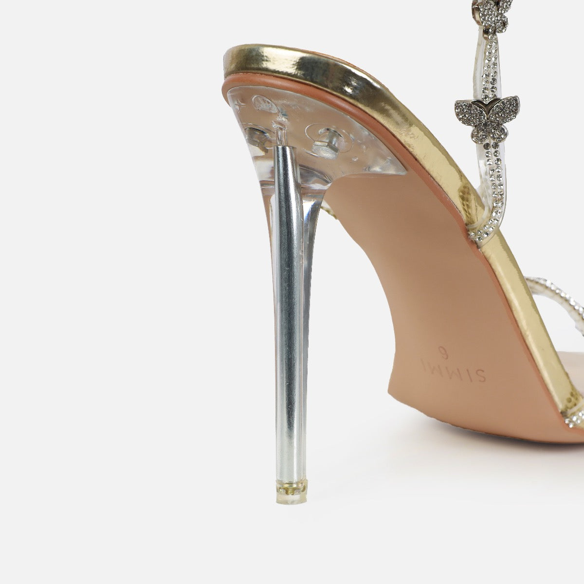 Britta Gold Mirror Butterfly Lace Up Clear Stiletto Heels | SIMMI London