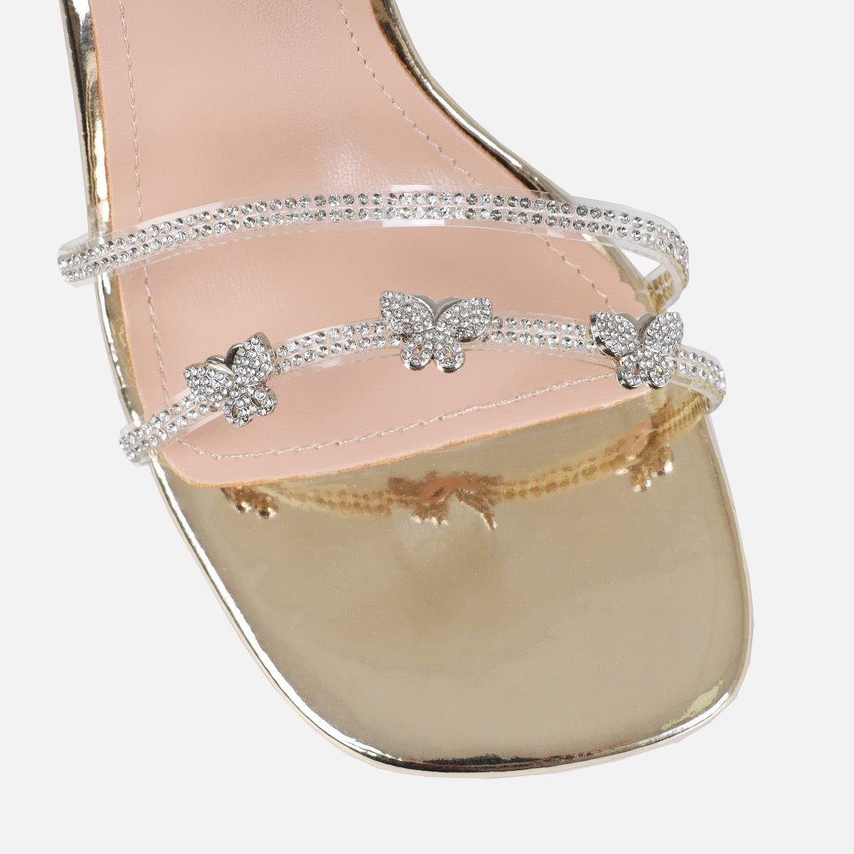 Britta Gold Mirror Butterfly Lace Up Clear Stiletto Heels | SIMMI London