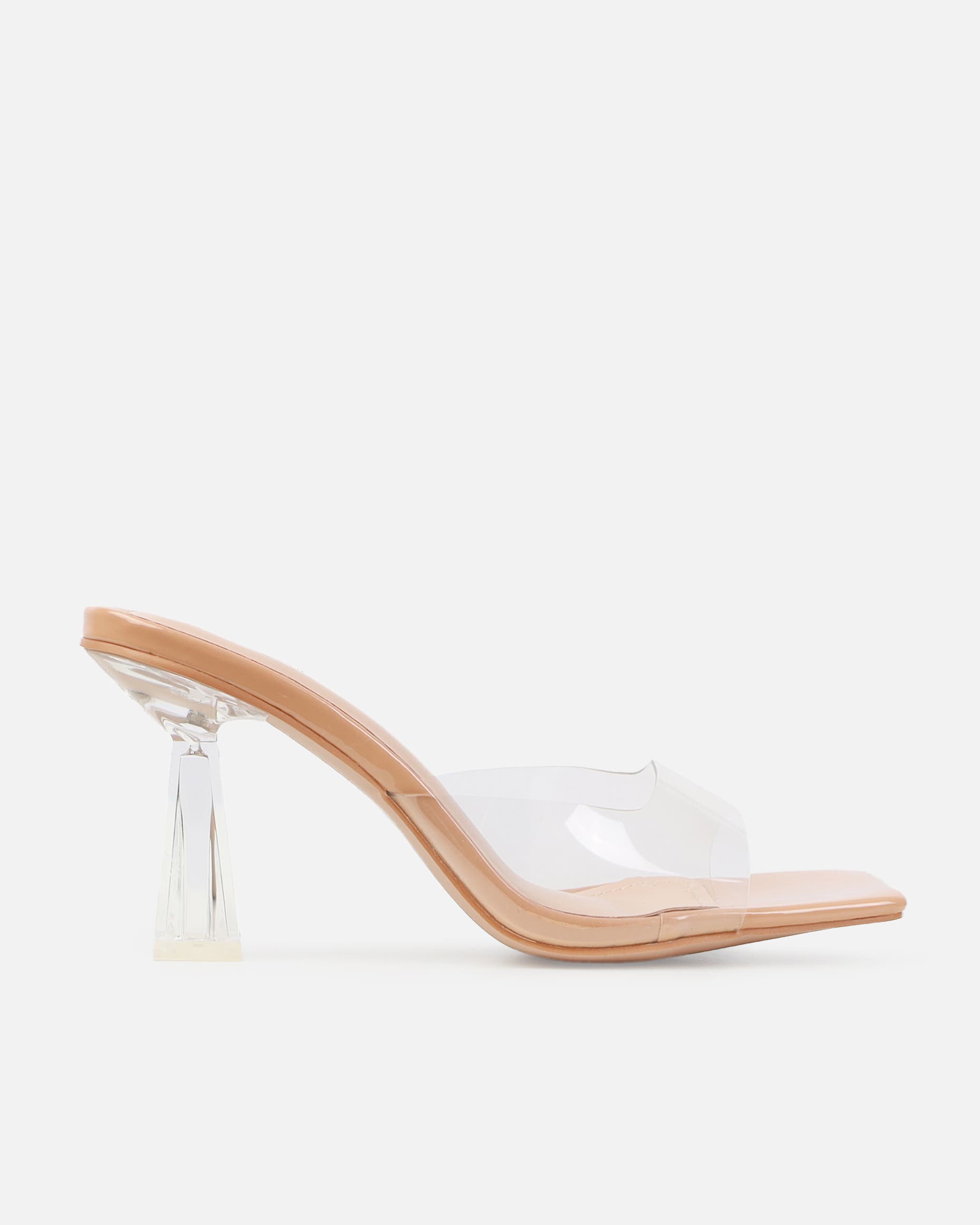 Tasha Ghouri Caelina Nude Patent Clear Mid Heel Mules SIMMI London