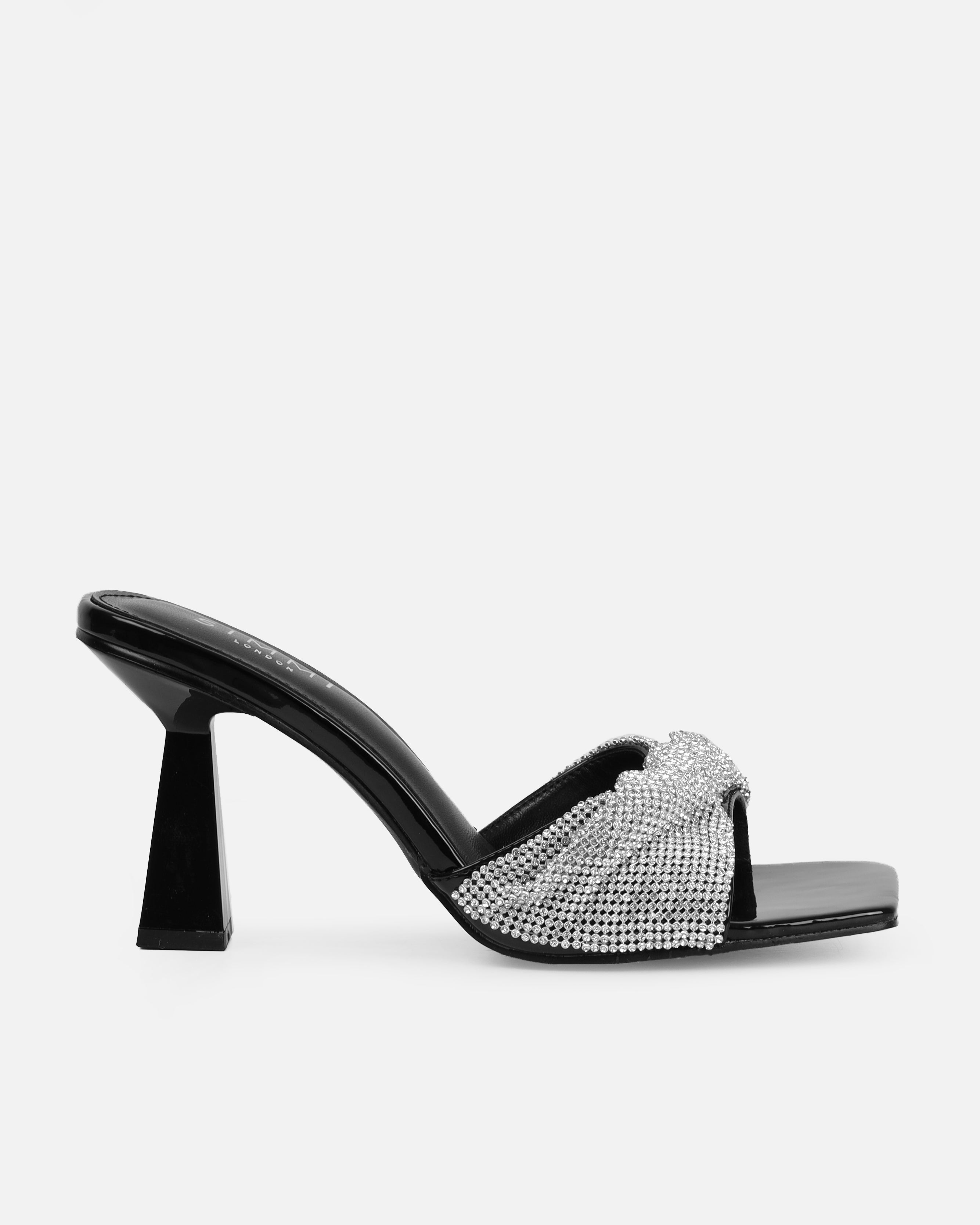 Caley Black Patent Diamante Mid Heel Mules | SIMMI London