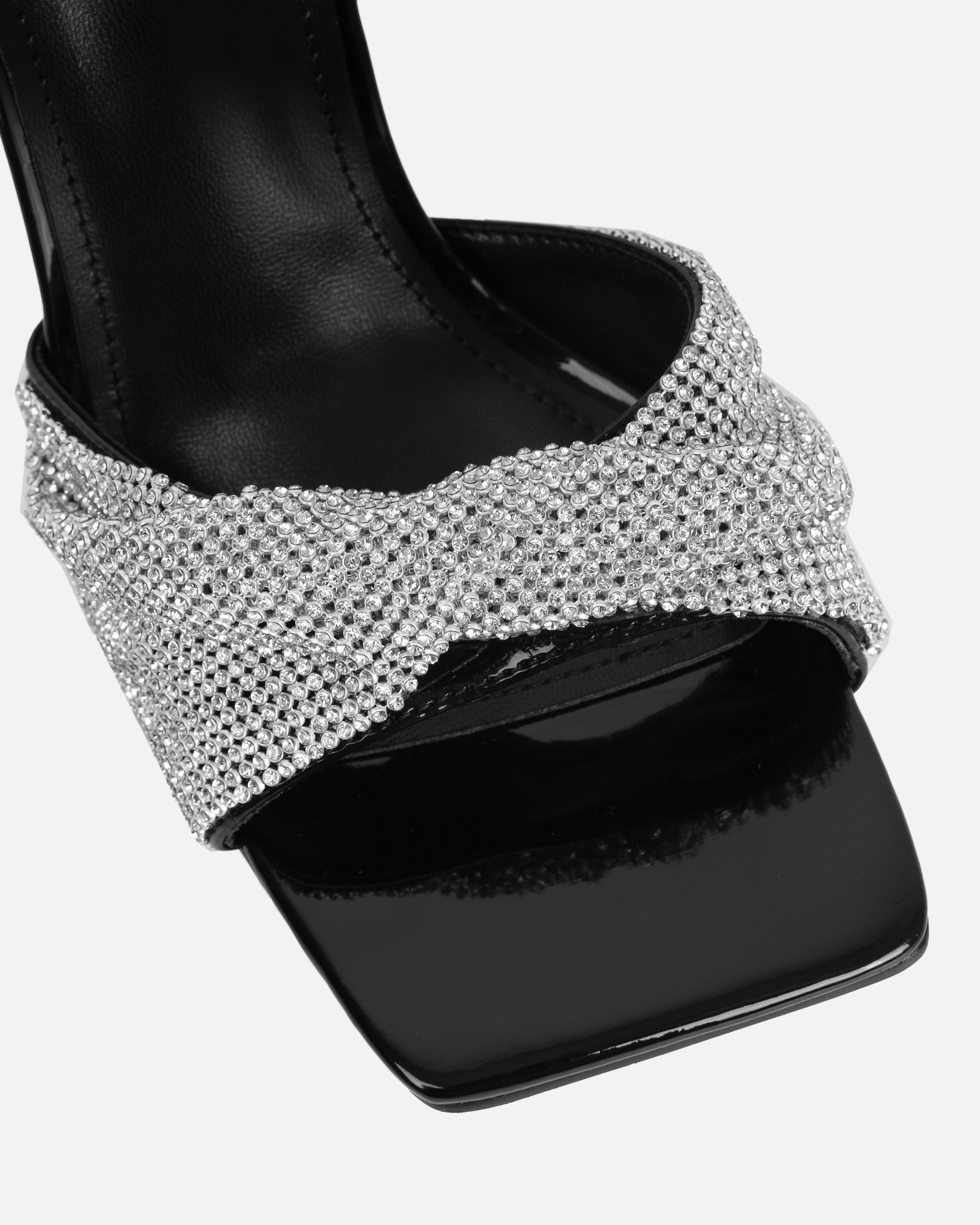 Caley Black Patent Diamante Mid Heel Mules | SIMMI London