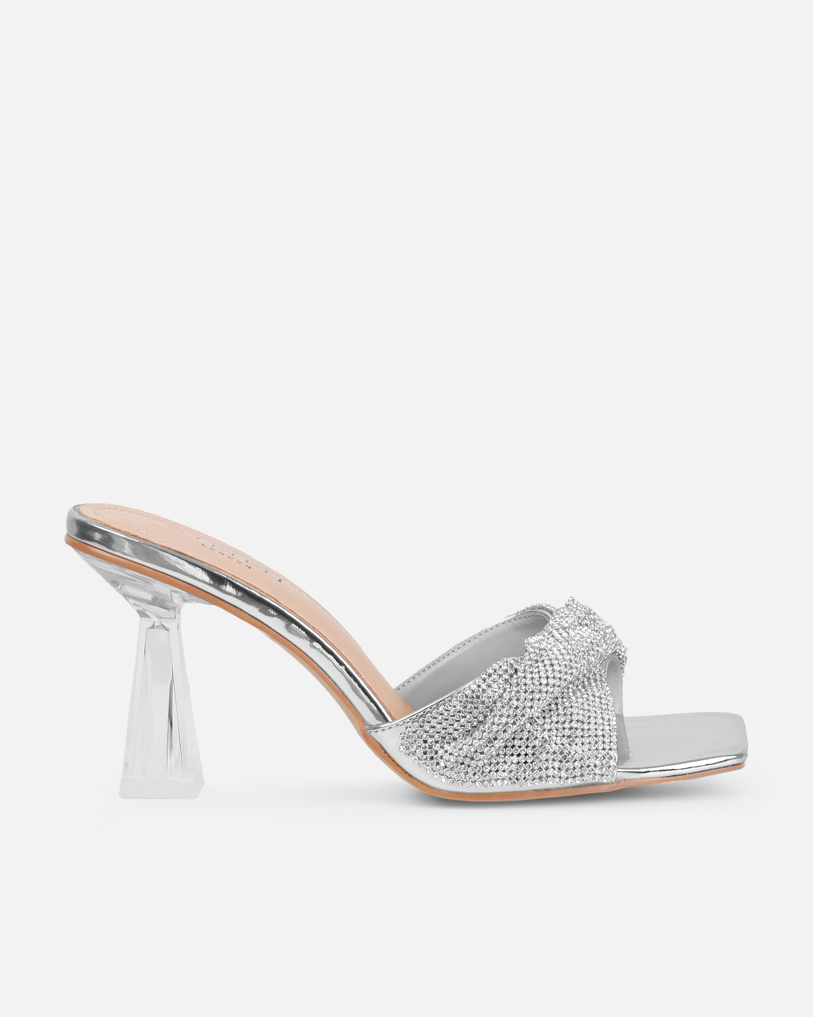 Caley Silver Diamante Clear Mid Heel Mules | SIMMI London