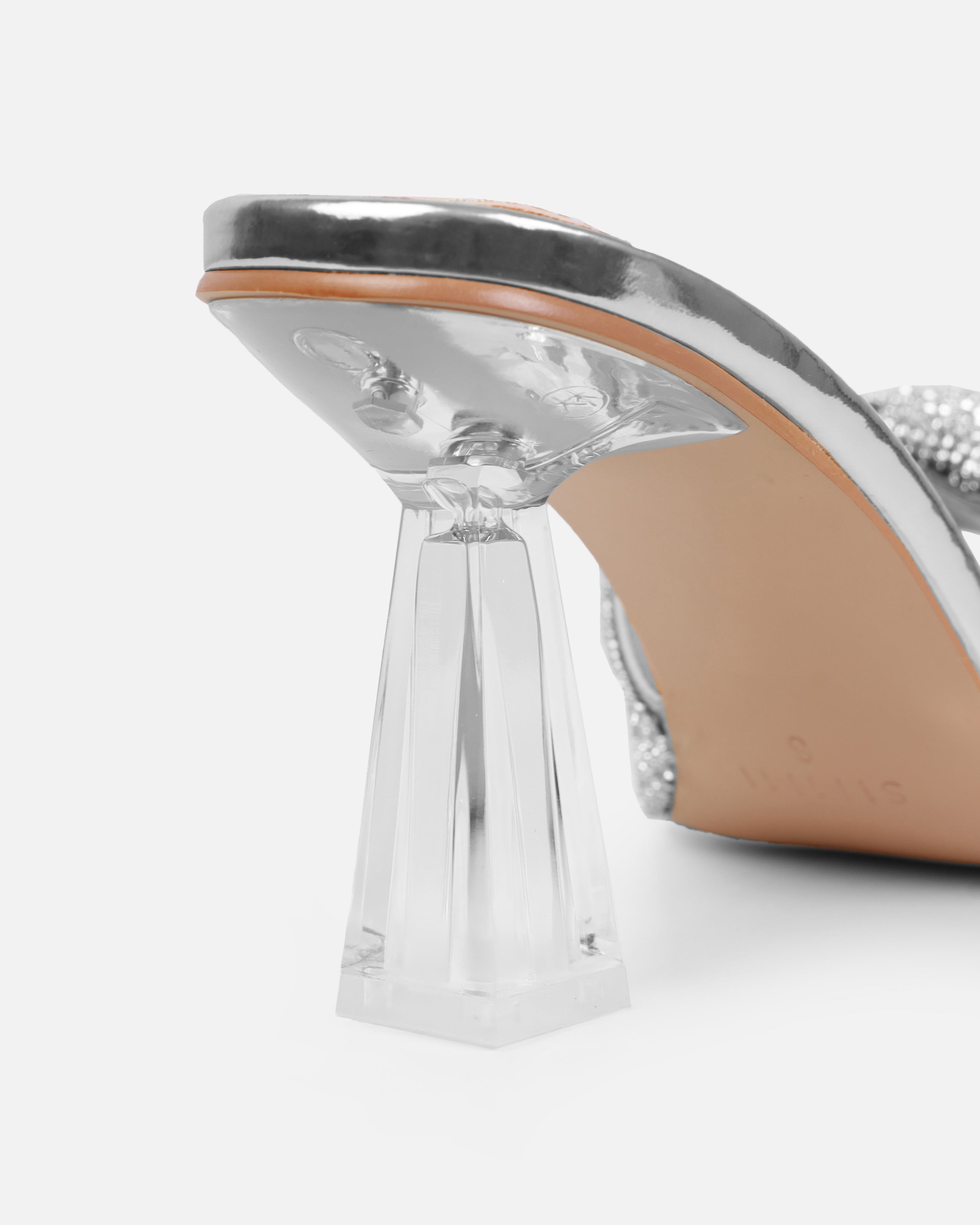Caley Silver Diamante Clear Mid Heel Mules | SIMMI London