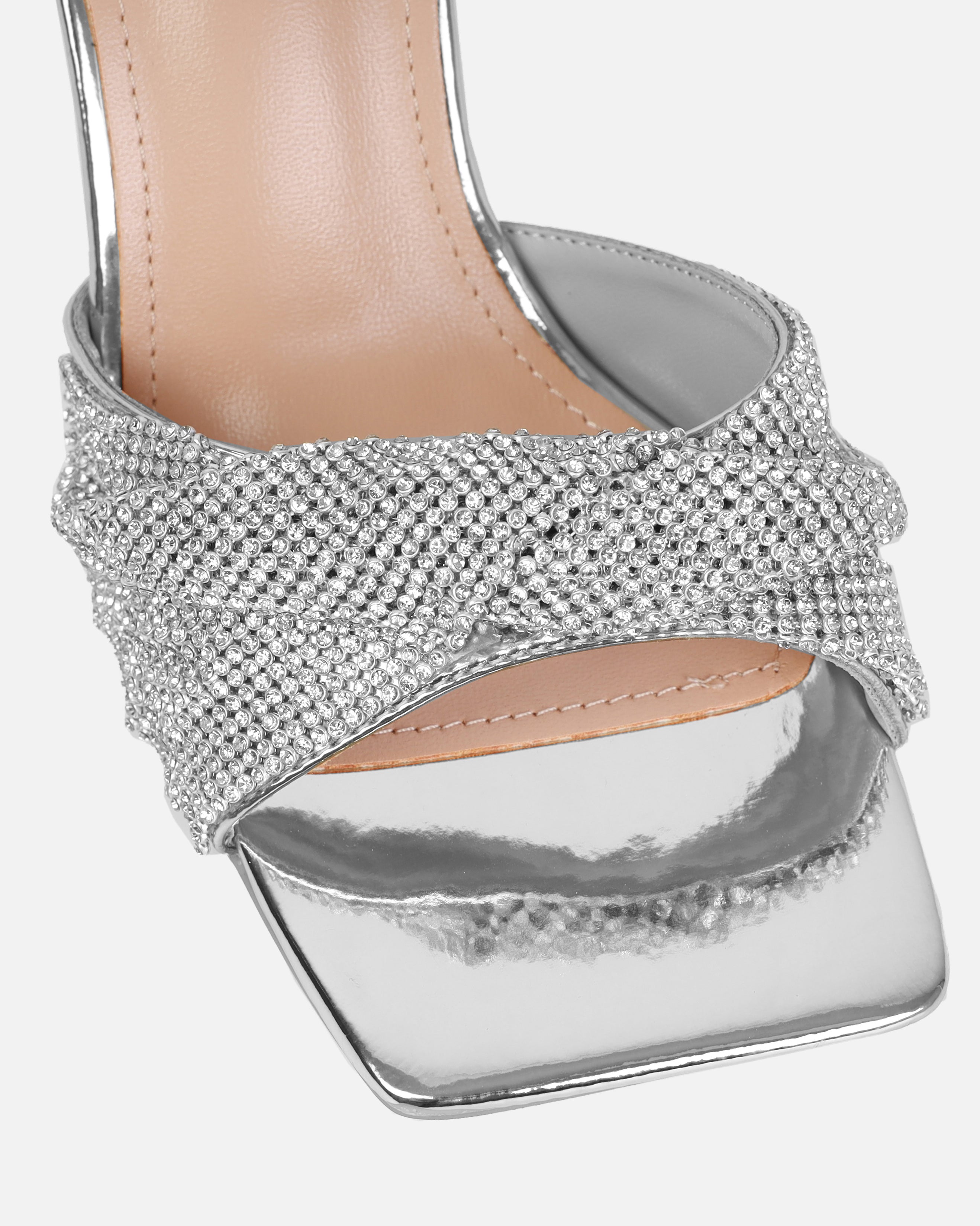 Caley Silver Diamante Clear Mid Heel Mules | SIMMI London