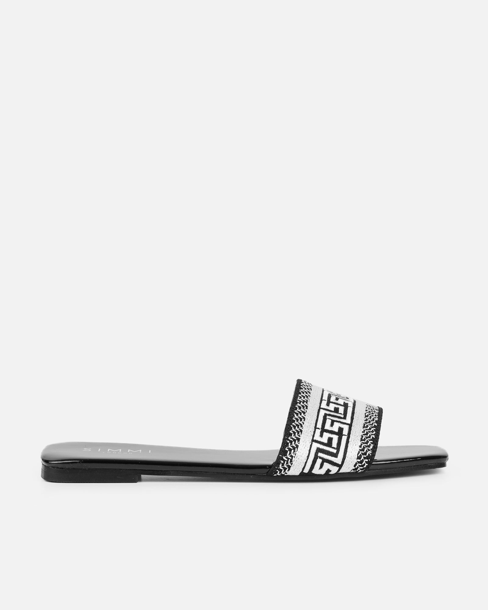 Cali Black Patent Embroidered Slide Sandals | SIMMI London