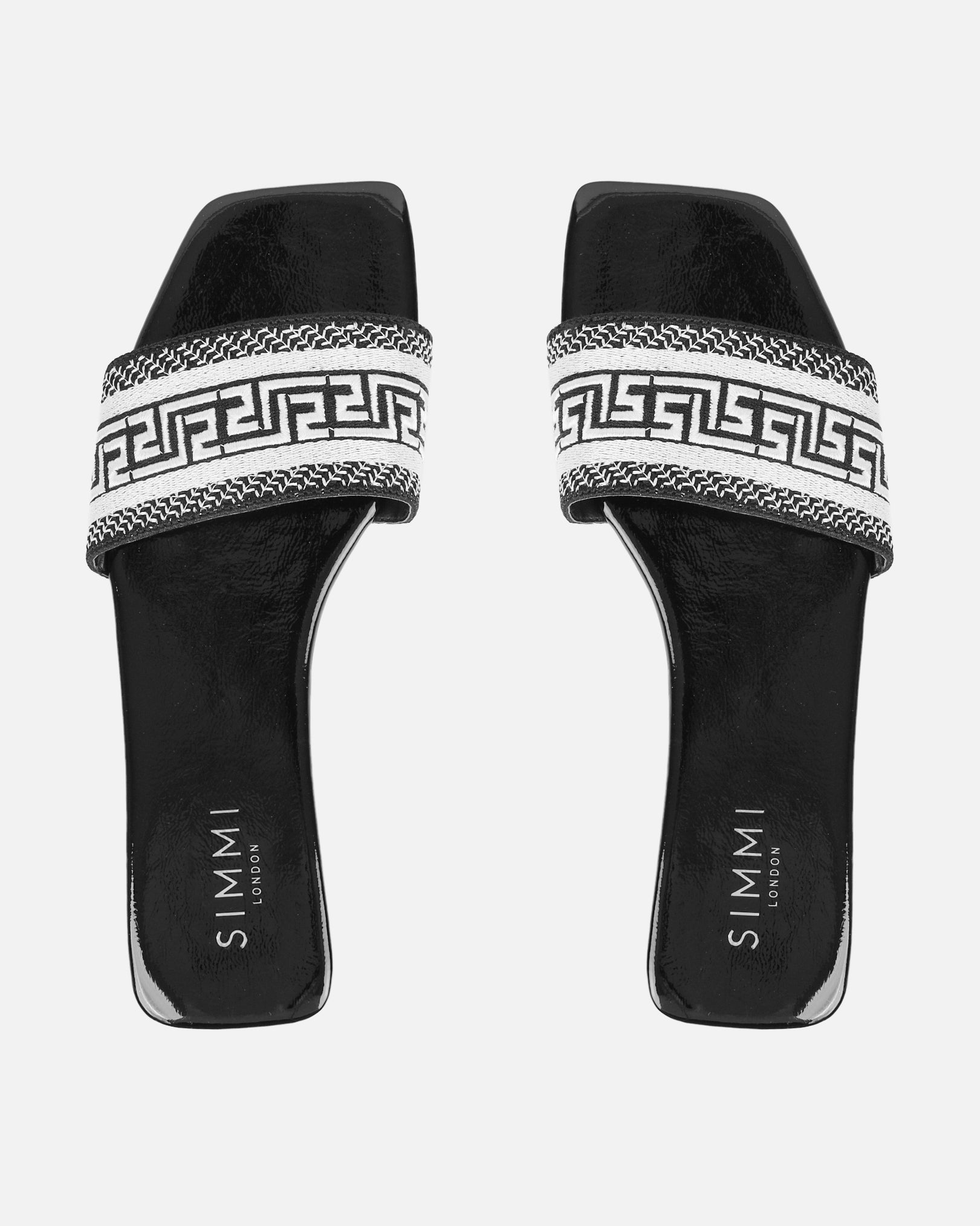 Cali Black Patent Embroidered Slide Sandals | SIMMI London