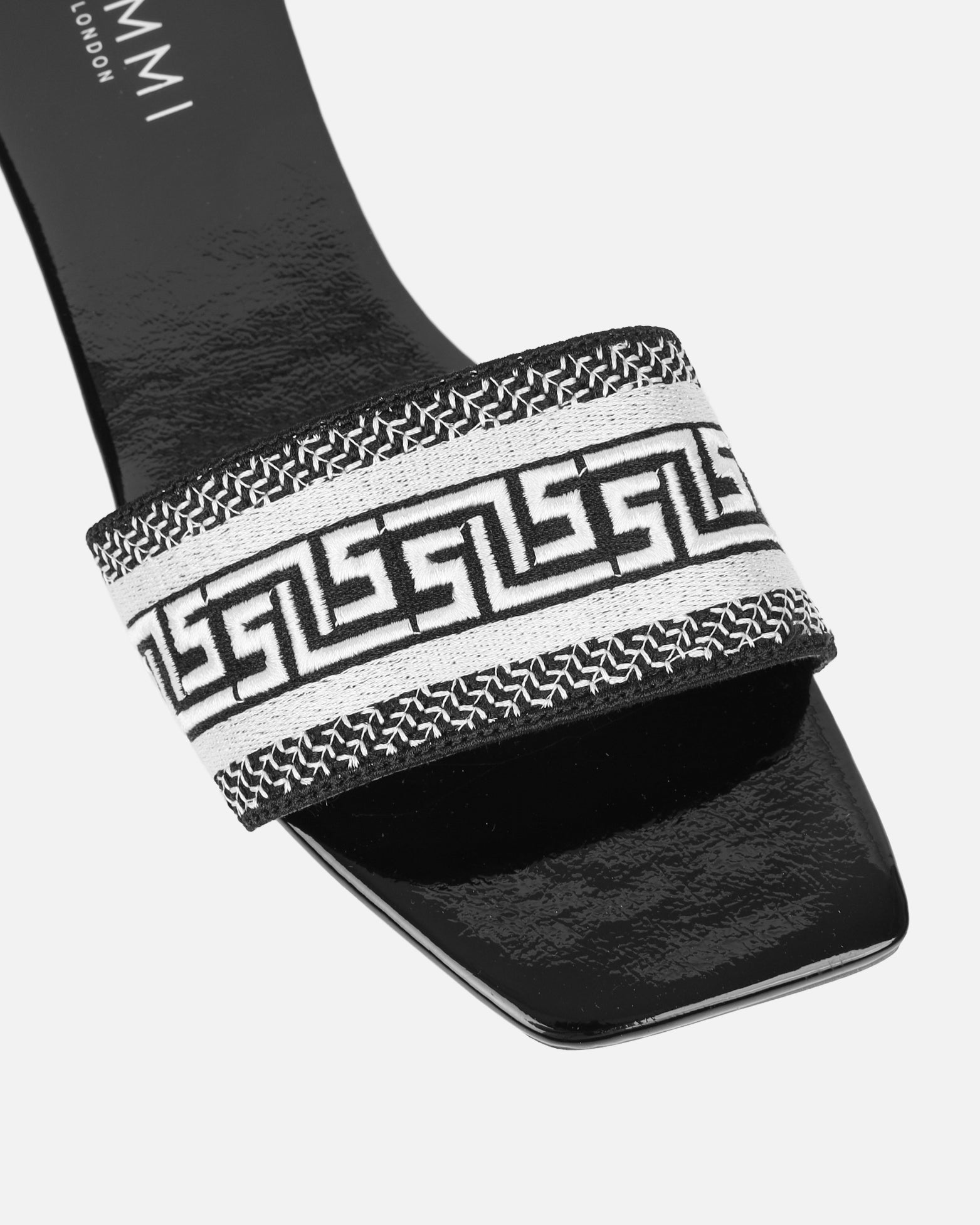 Cali Black Patent Embroidered Slide Sandals | SIMMI London