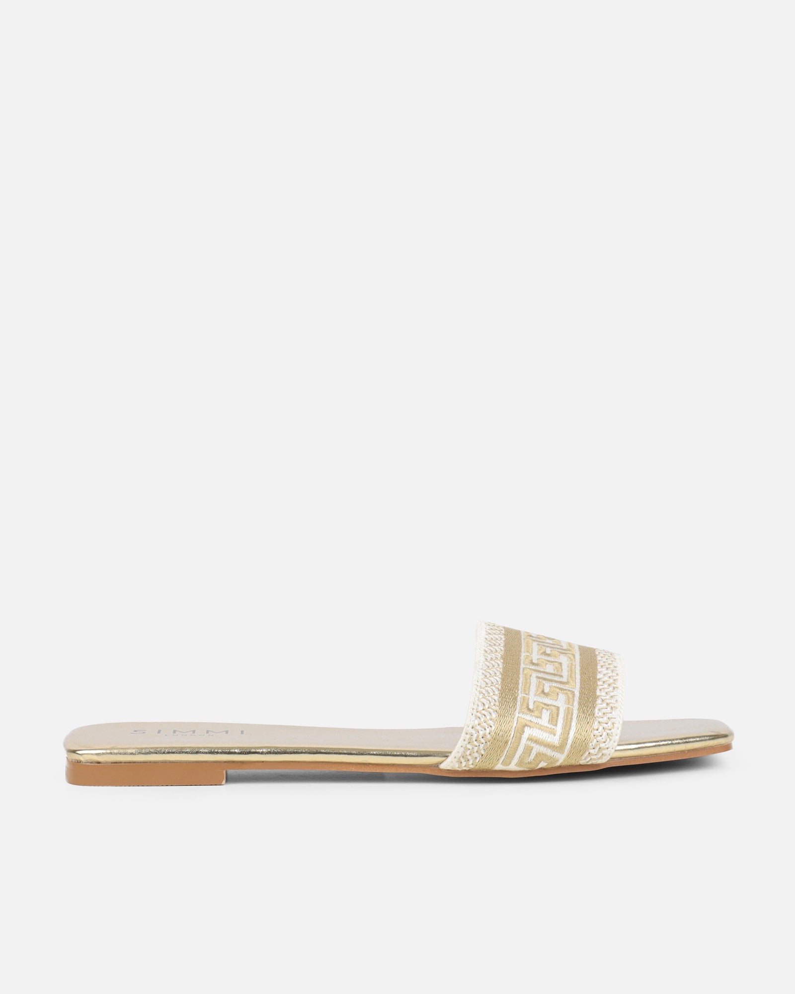 Cali gold metallic embroidered slide sandals | SIMMI London
