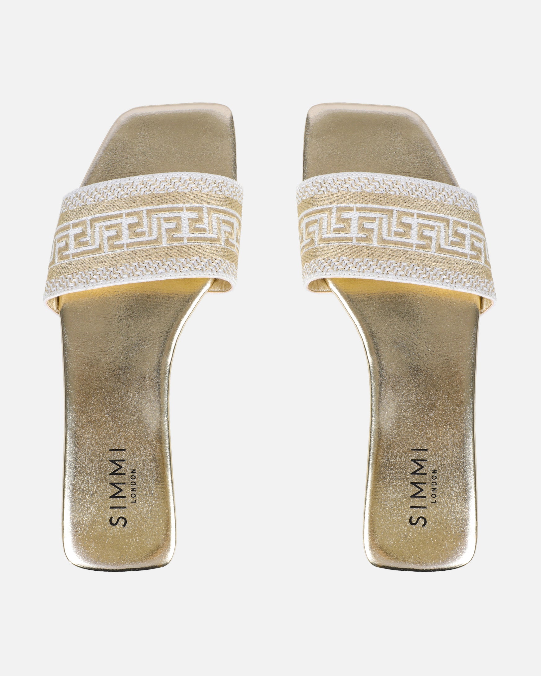 Cali gold metallic embroidered slide sandals | SIMMI London