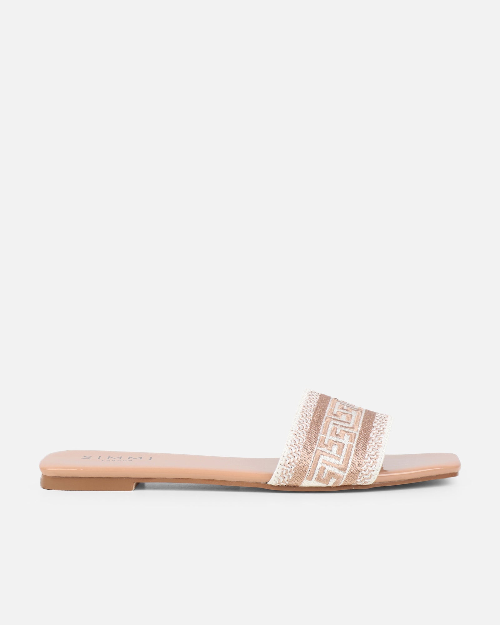 Cali nude patent embroidered slide sandals | SIMMI London
