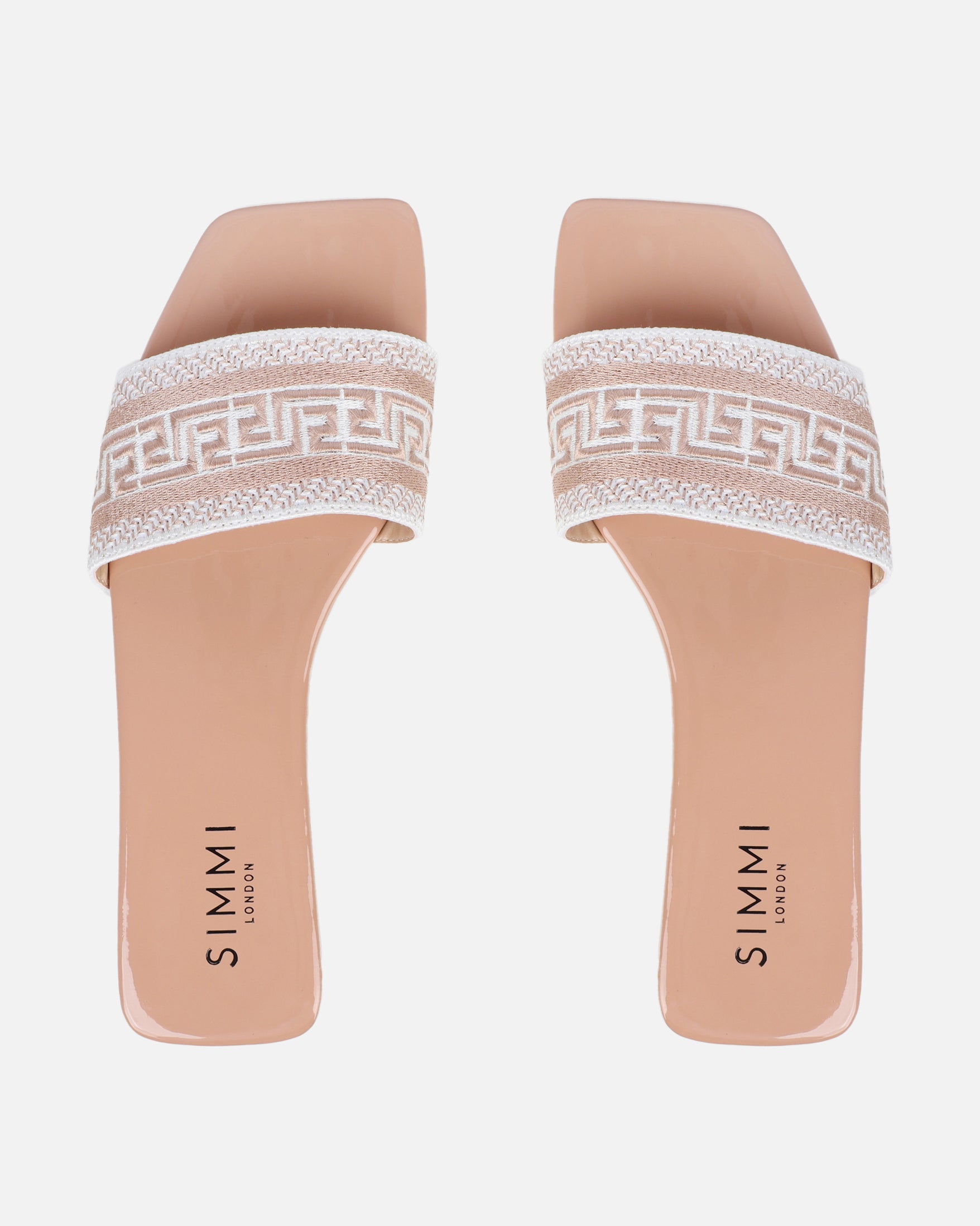 Cali nude patent embroidered slide sandals | SIMMI London
