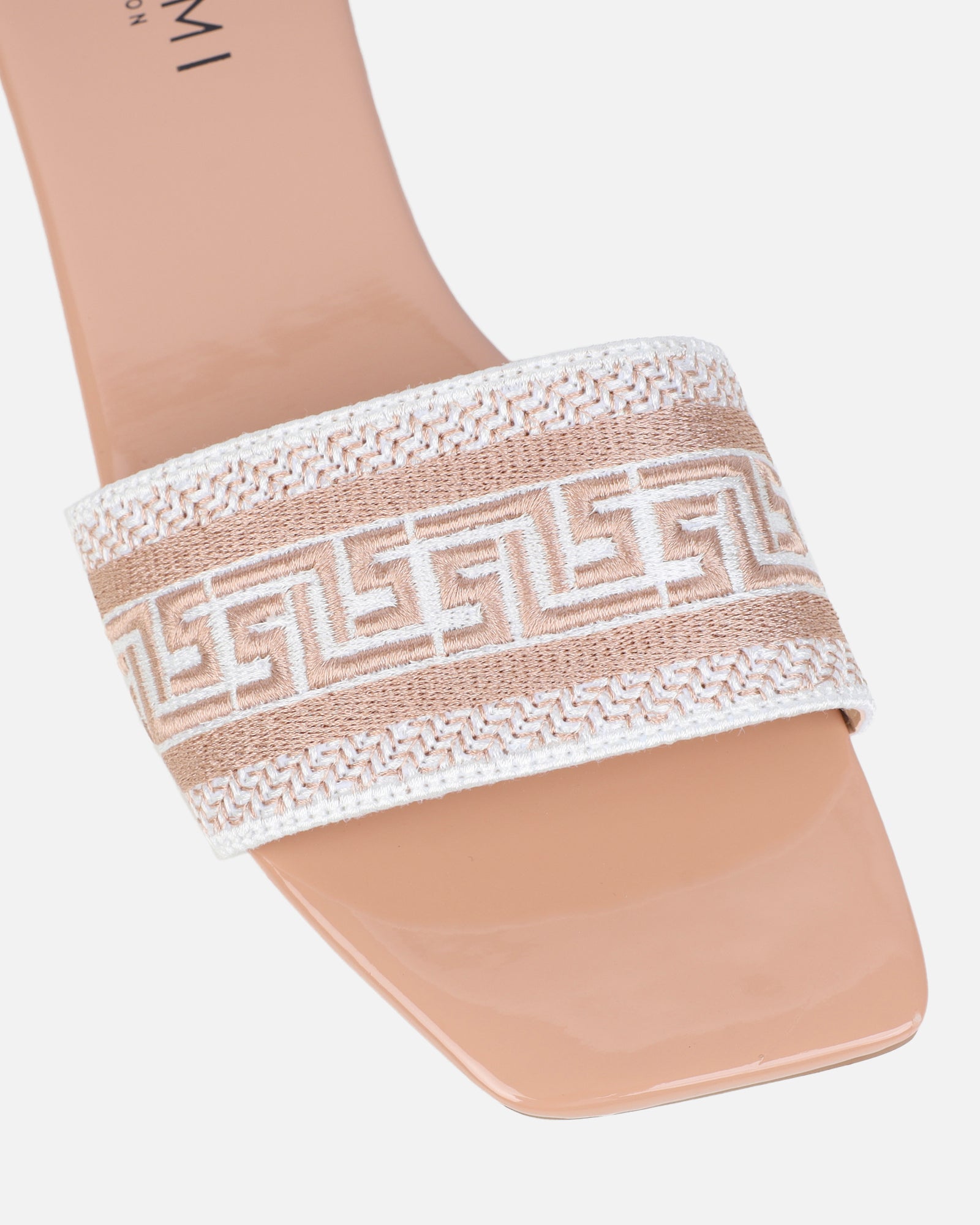 Cali nude patent embroidered slide sandals | SIMMI London