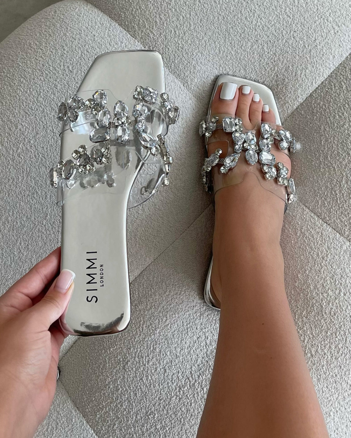 Calista silver mirror diamante slip on flat sandals | SIMMI London
