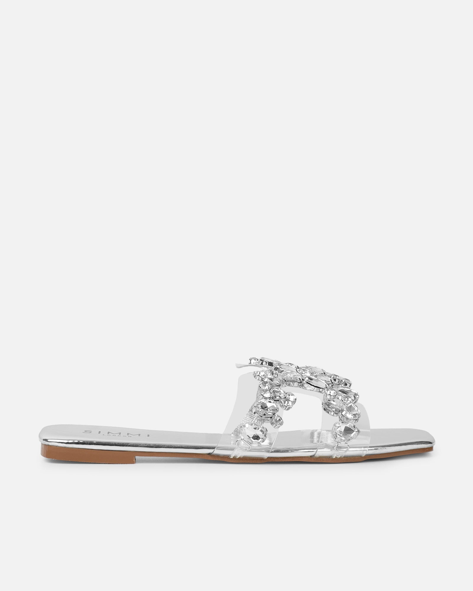 Calista silver mirror diamante slip on flat sandals | SIMMI London