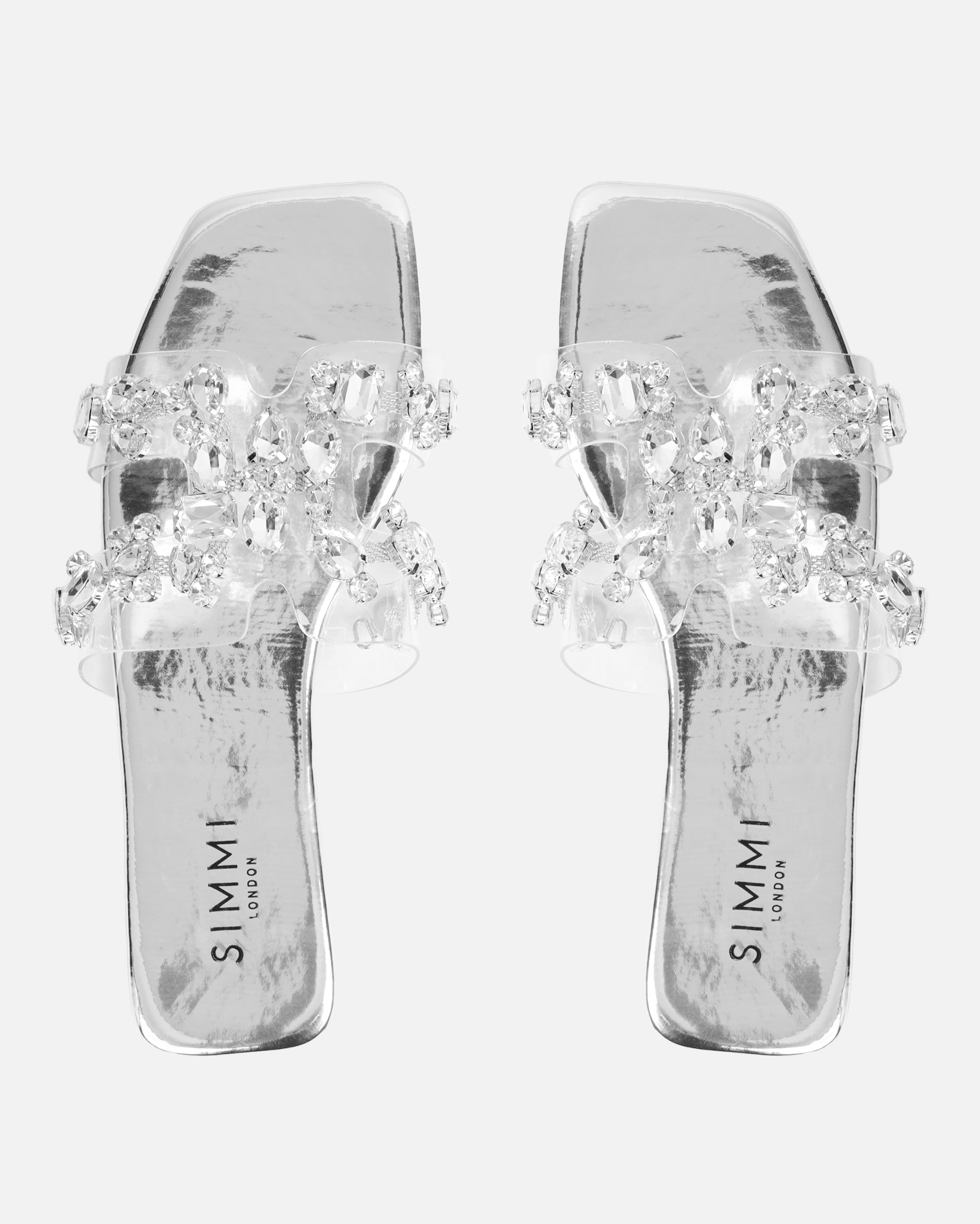 Calista silver mirror diamante slip on flat sandals | SIMMI London
