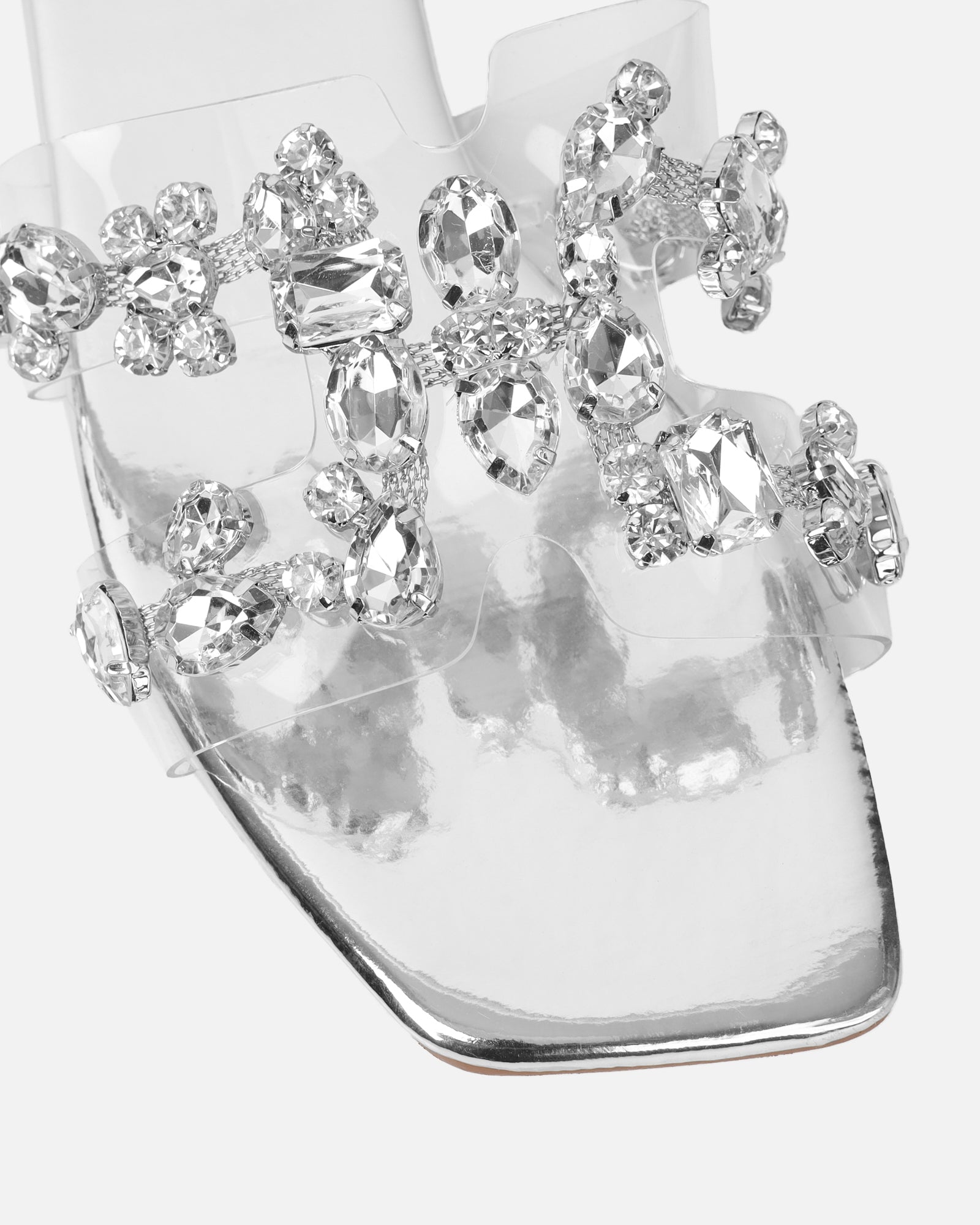 Calista silver mirror diamante slip on flat sandals | SIMMI London