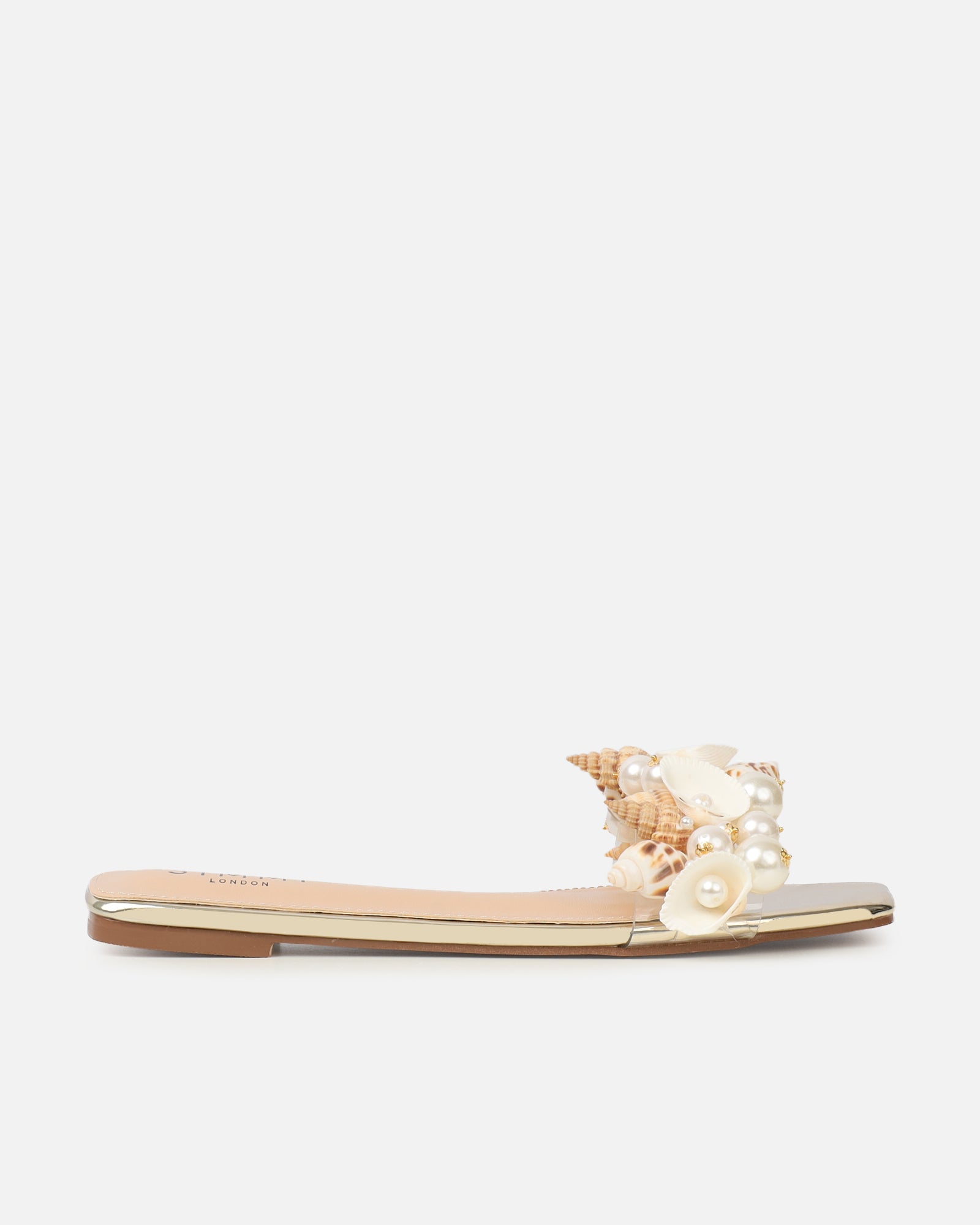Shelz gold mirror shell trim flat sandals | SIMMI London