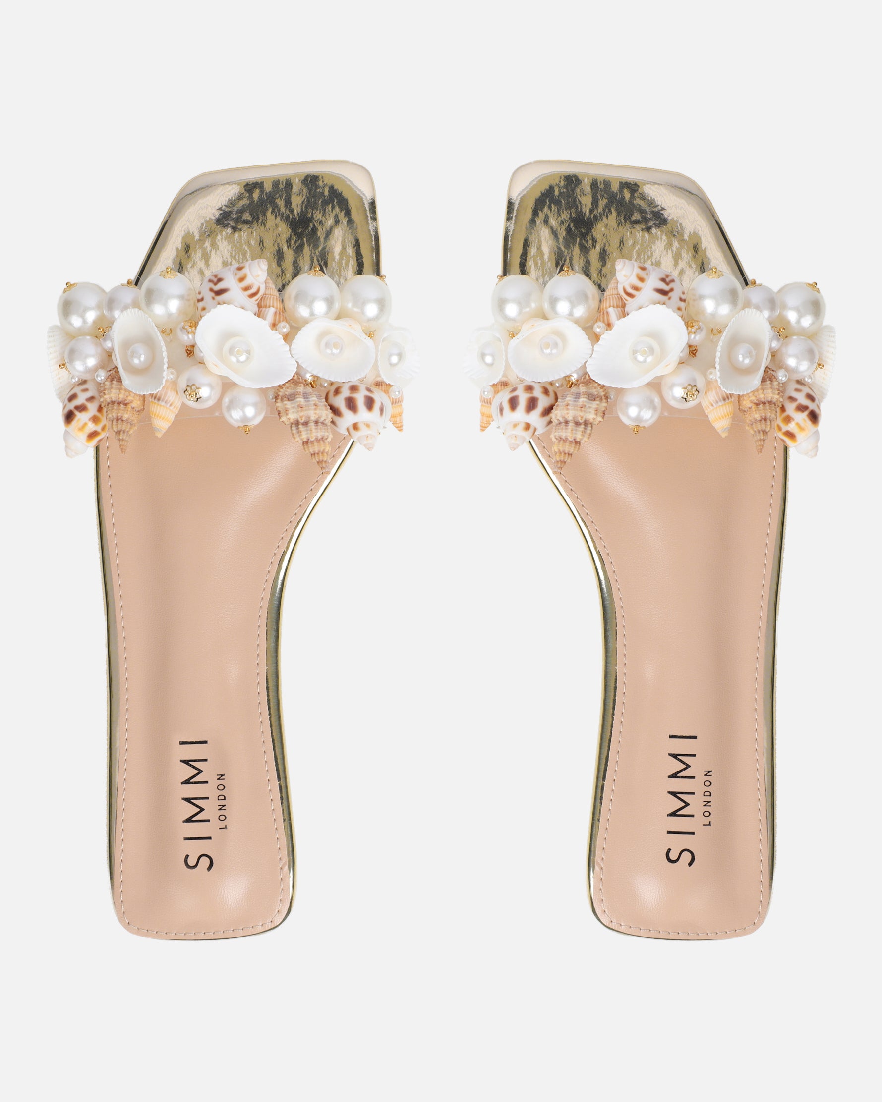 Shelz gold mirror shell trim flat sandals | SIMMI London