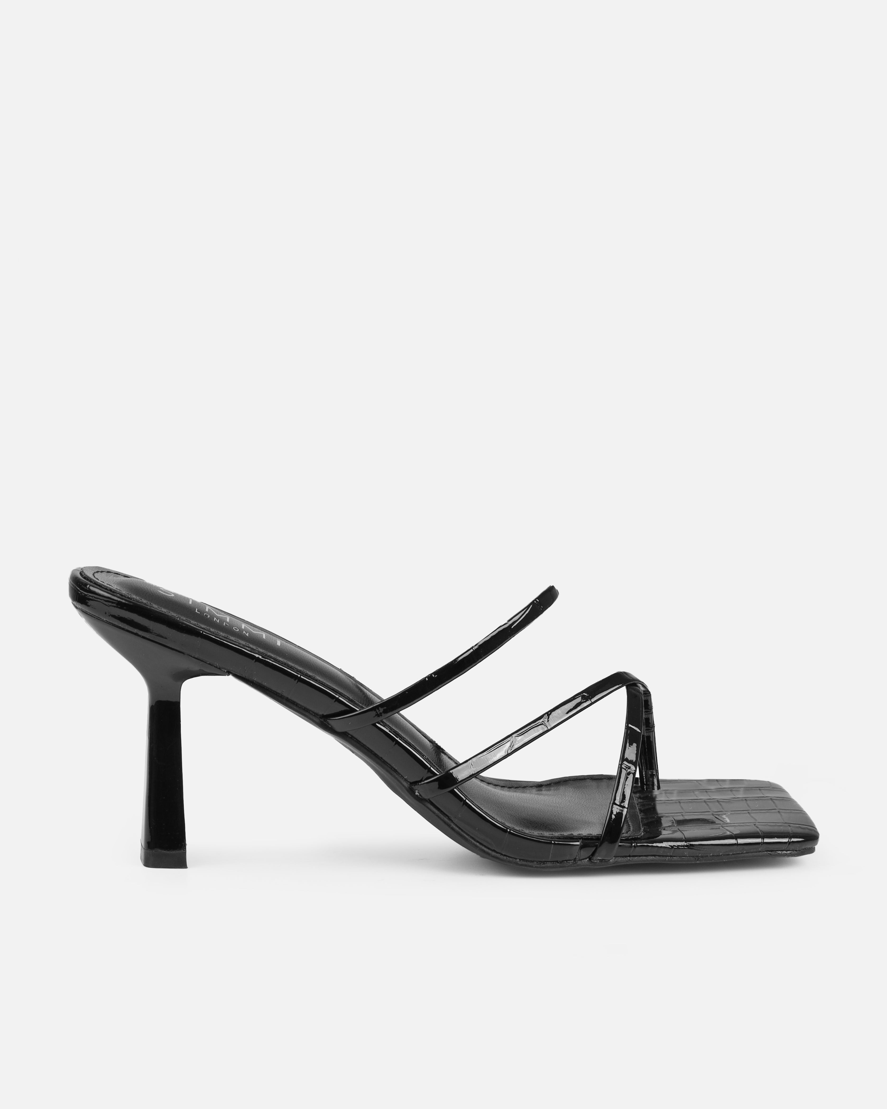 Calypso Black Faux Croc Print Toe Loop Mid Heel Mules | SIMMI London