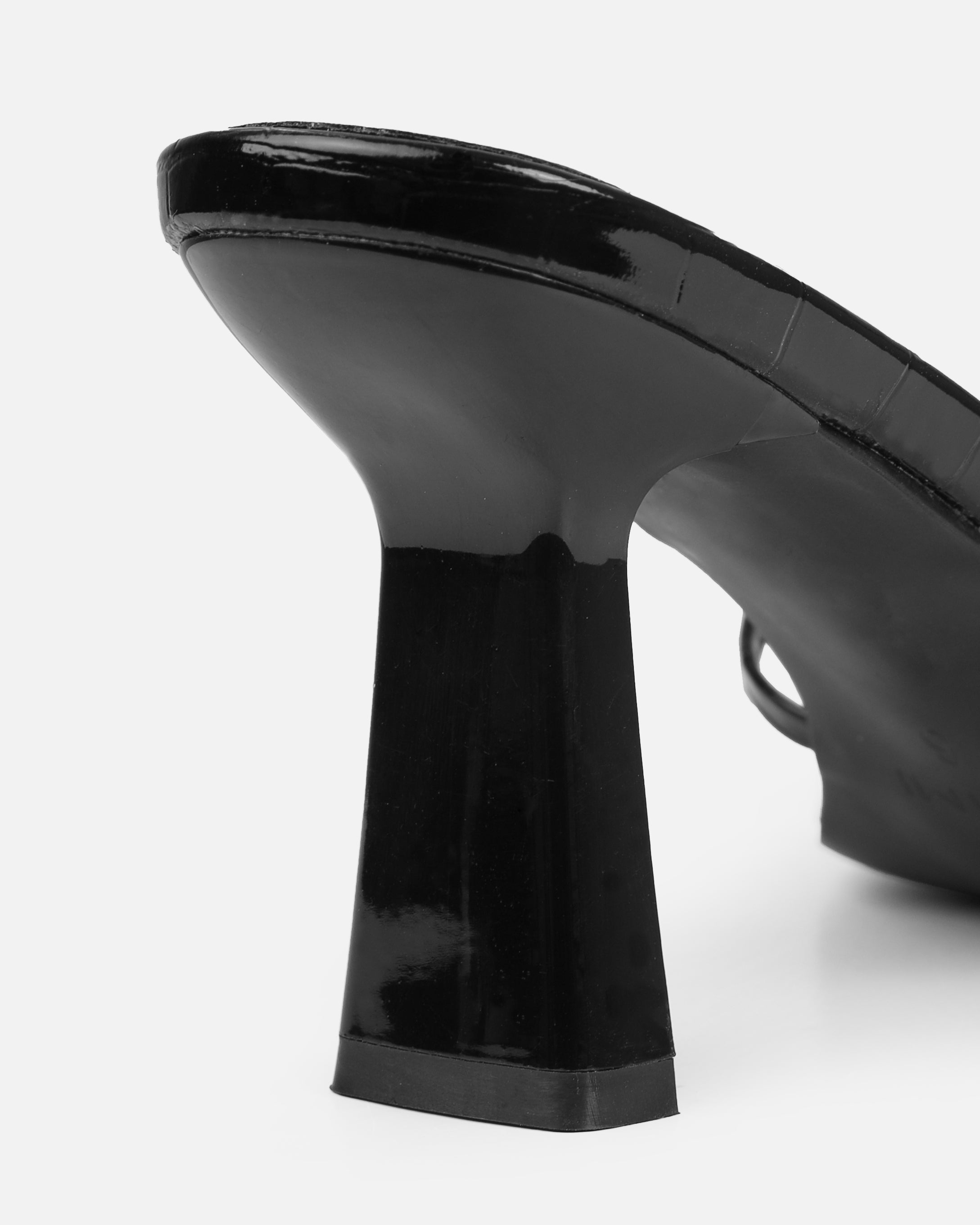 Calypso Black Faux Croc Print Toe Loop Mid Heel Mules | SIMMI London