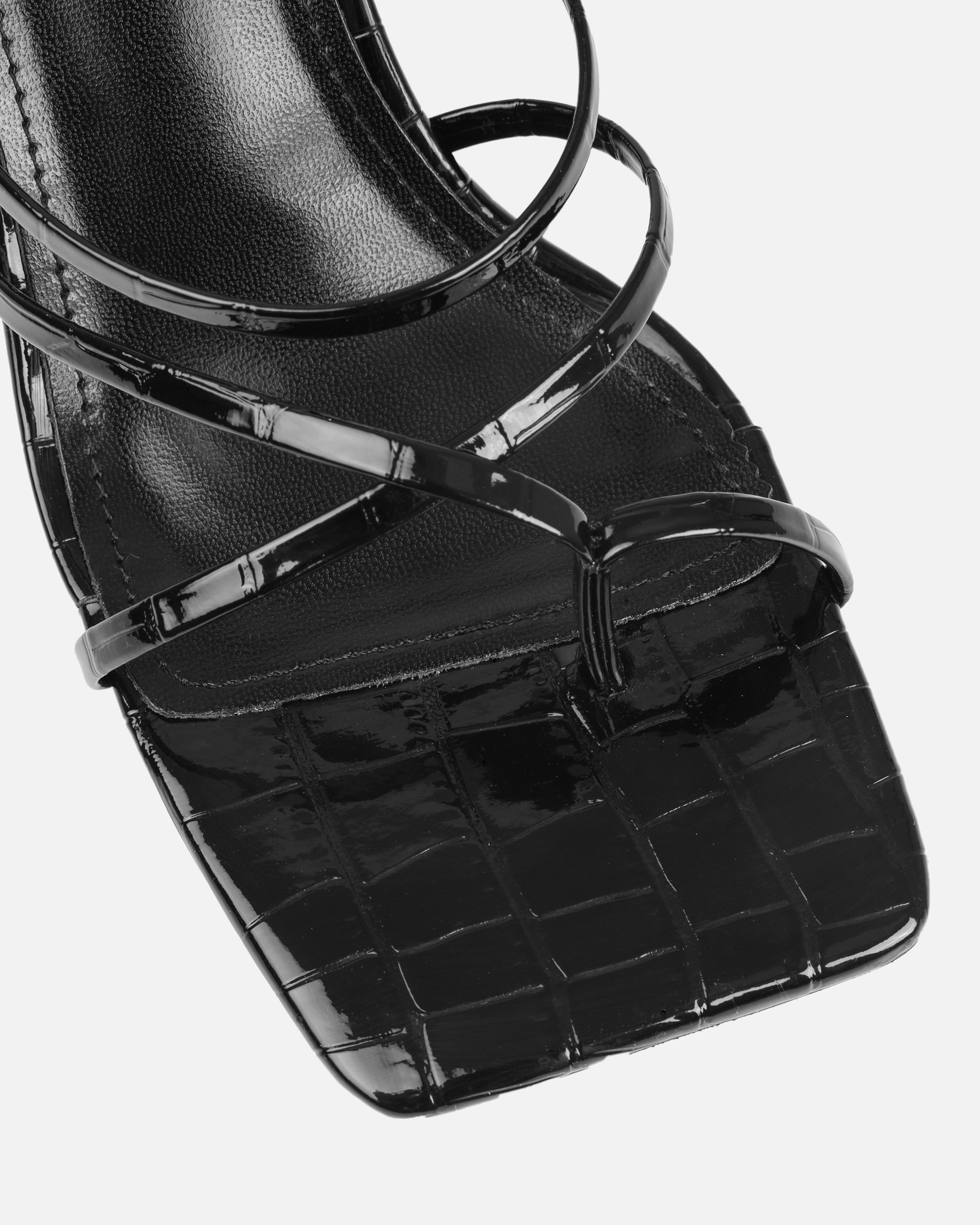 Calypso Black Faux Croc Print Toe Loop Mid Heel Mules | SIMMI London