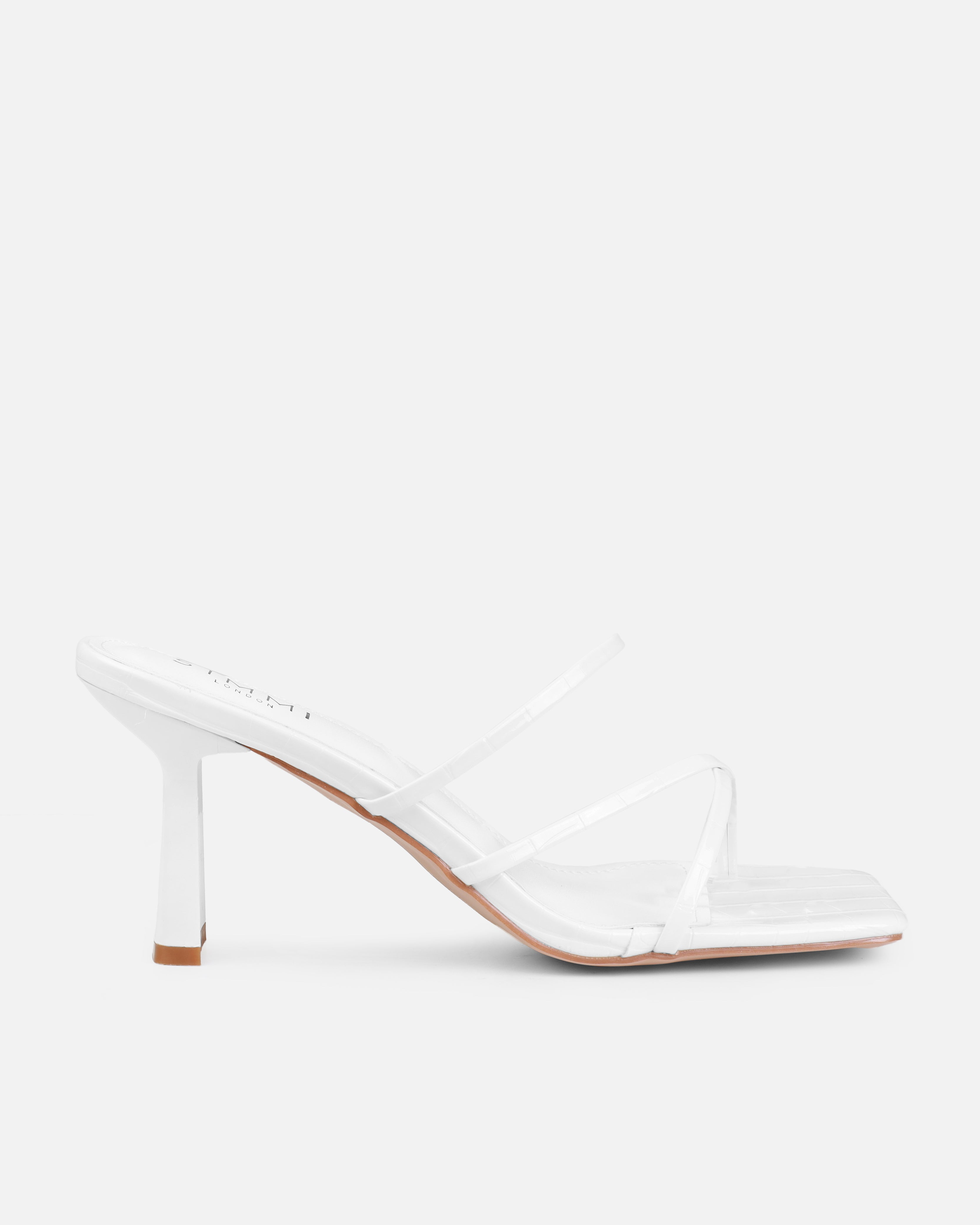 Calypso White Faux Croc Print Toe Loop Mid Heel Mules | SIMMI London