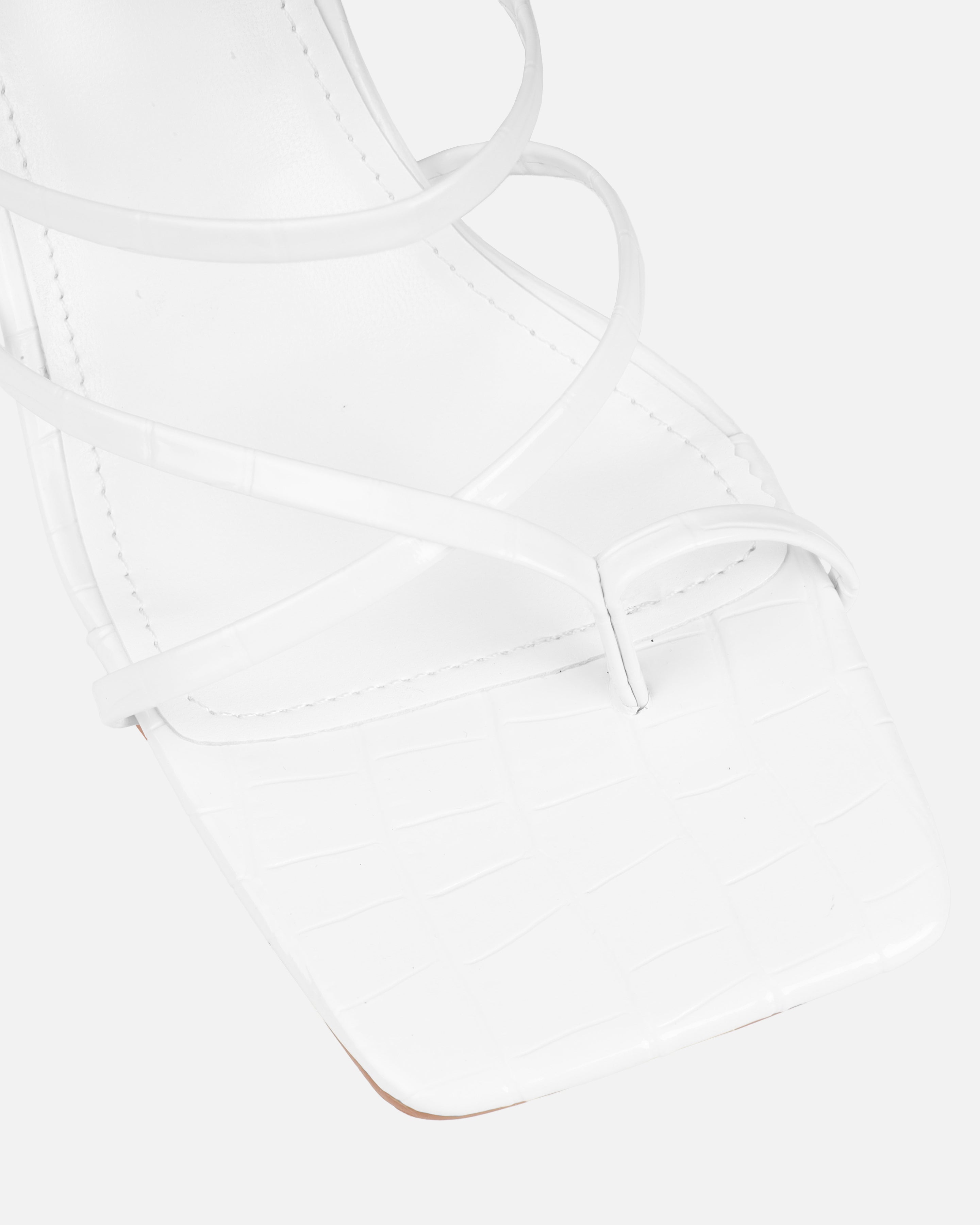 Calypso White Faux Croc Print Toe Loop Mid Heel Mules | SIMMI London