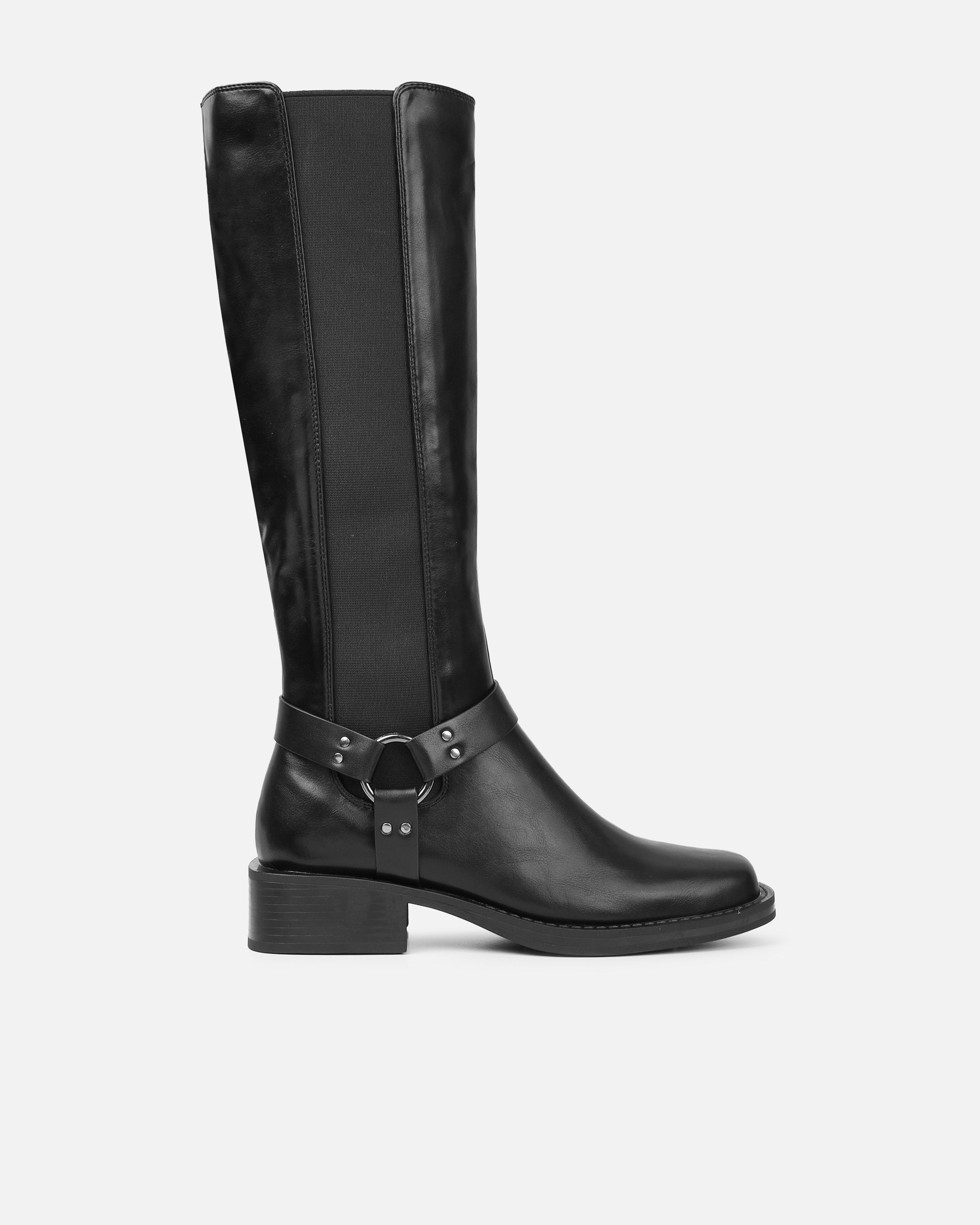 Collins Black Harness Knee High Biker Boots | SIMMI London