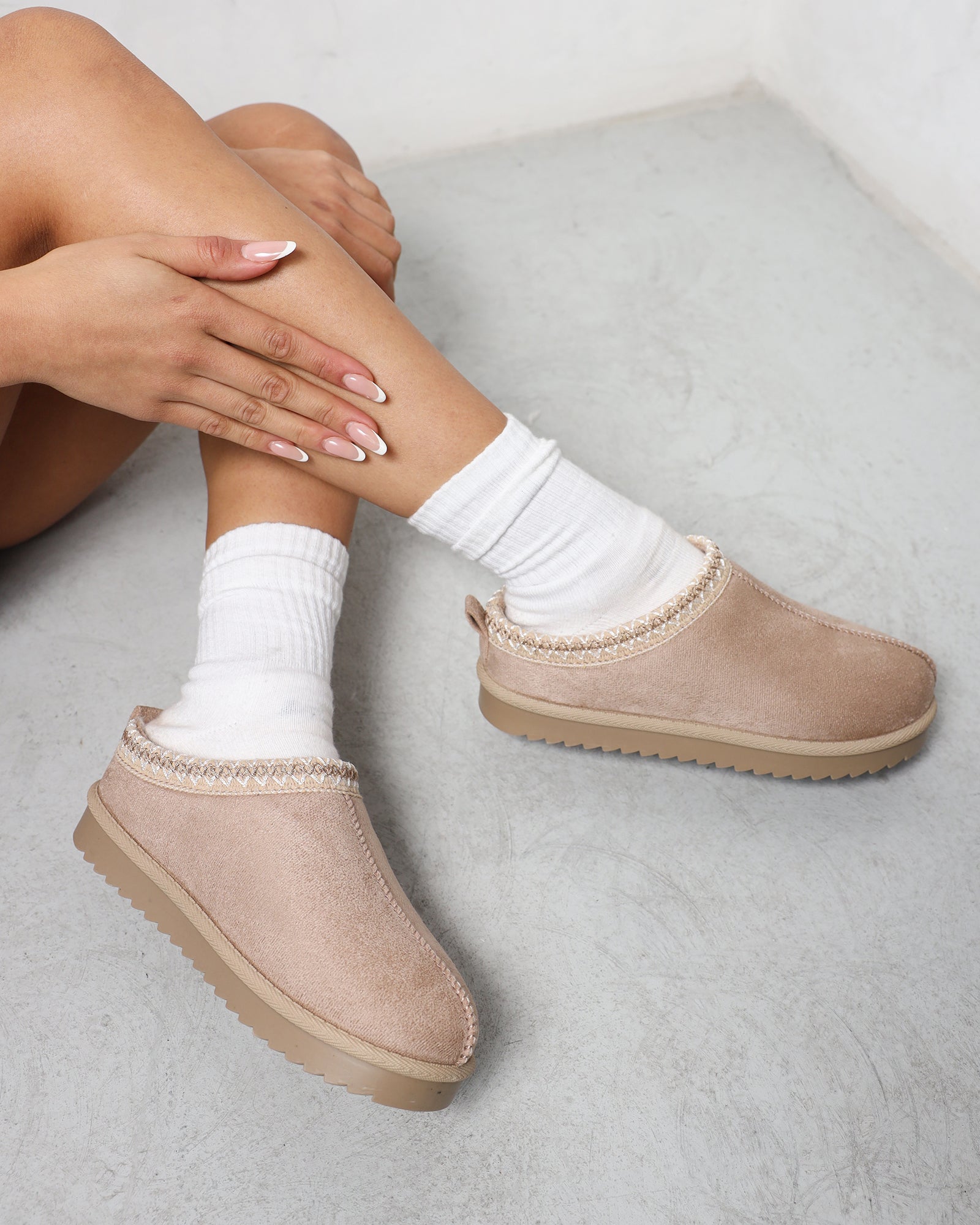 Cece Beige Faux Suede Slippers