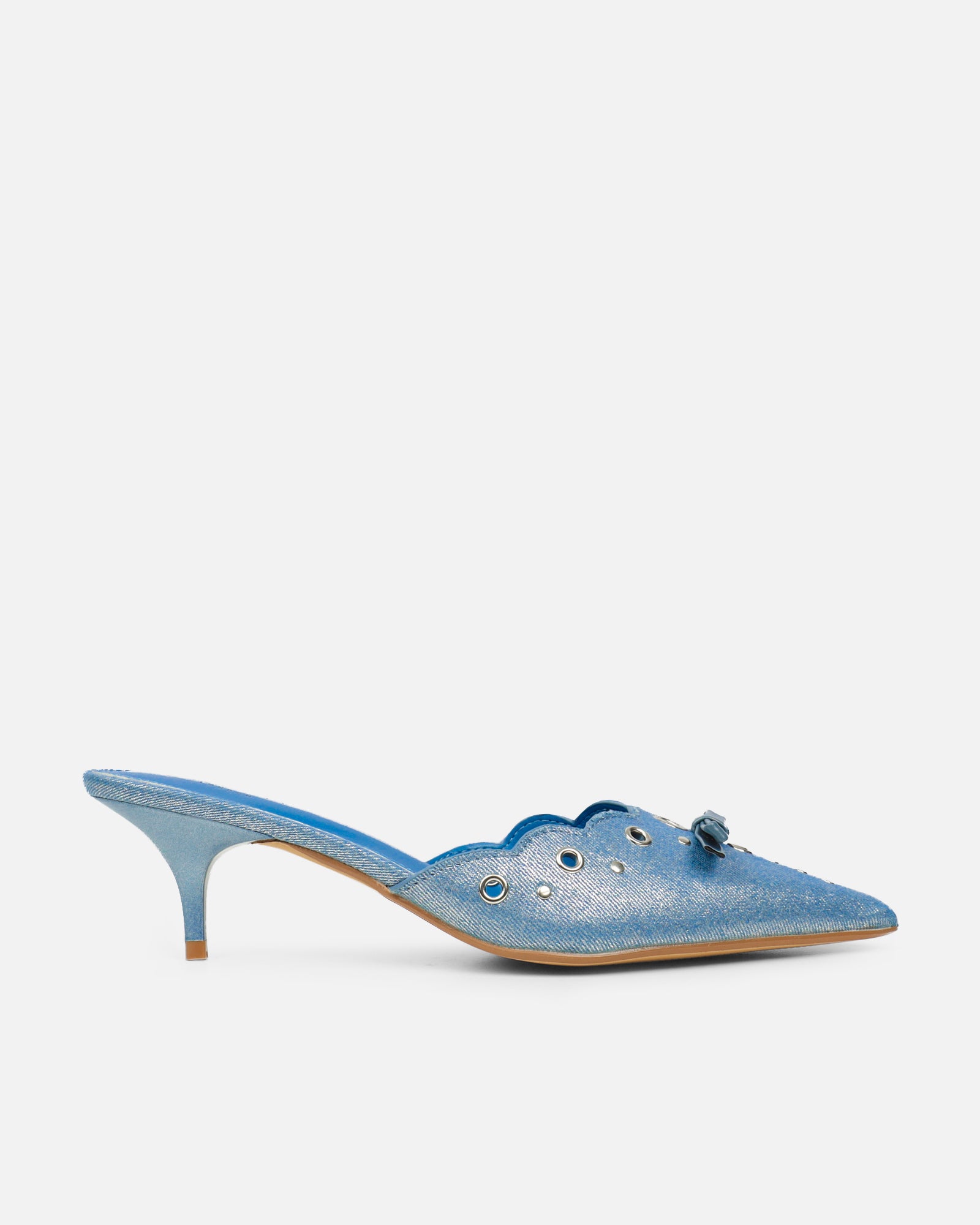 Skyes Metallic Denim Eyelet Detail Low Heel Court Shoes | SIMMI London