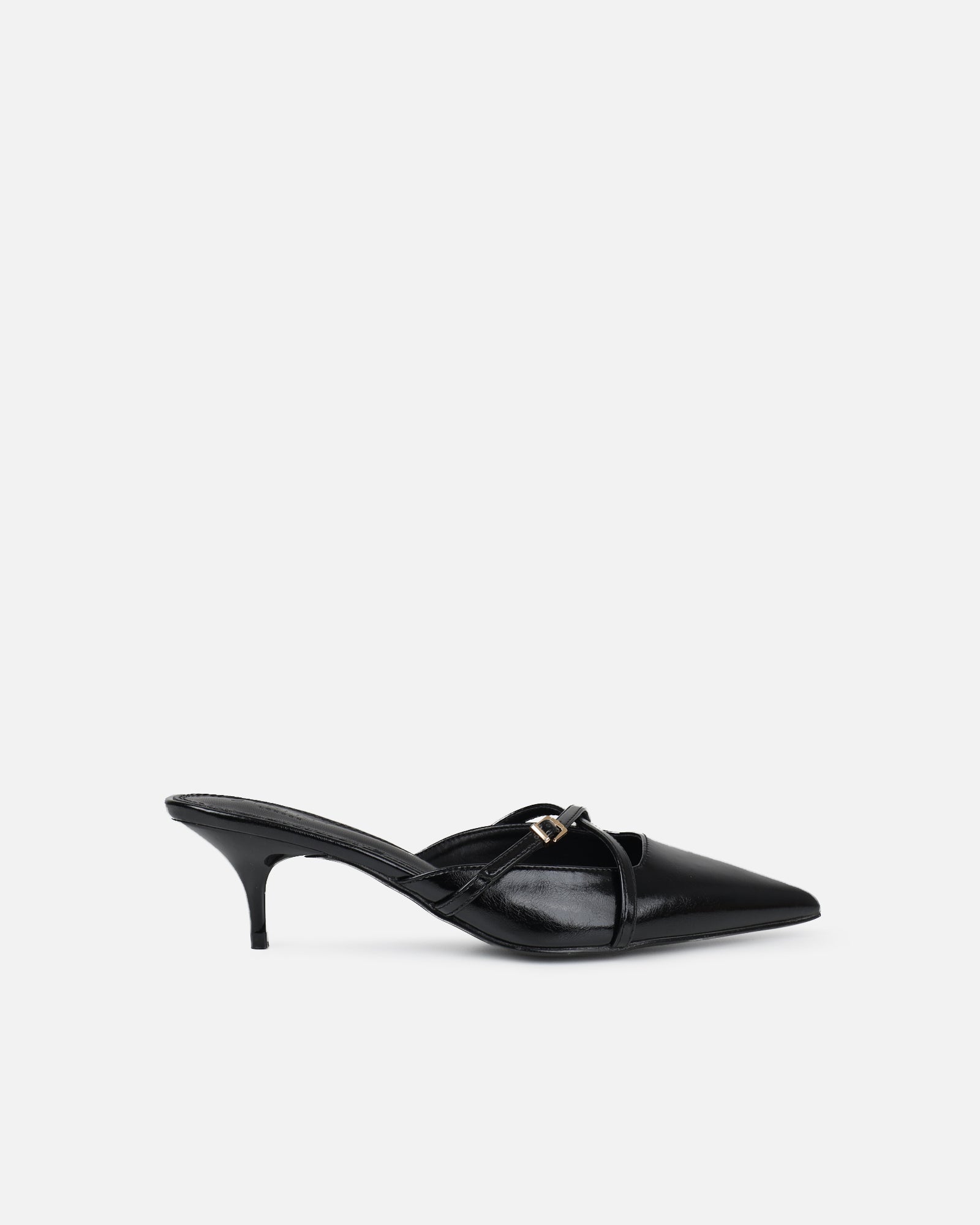 Char blk low heel buckle mules | SIMMI London