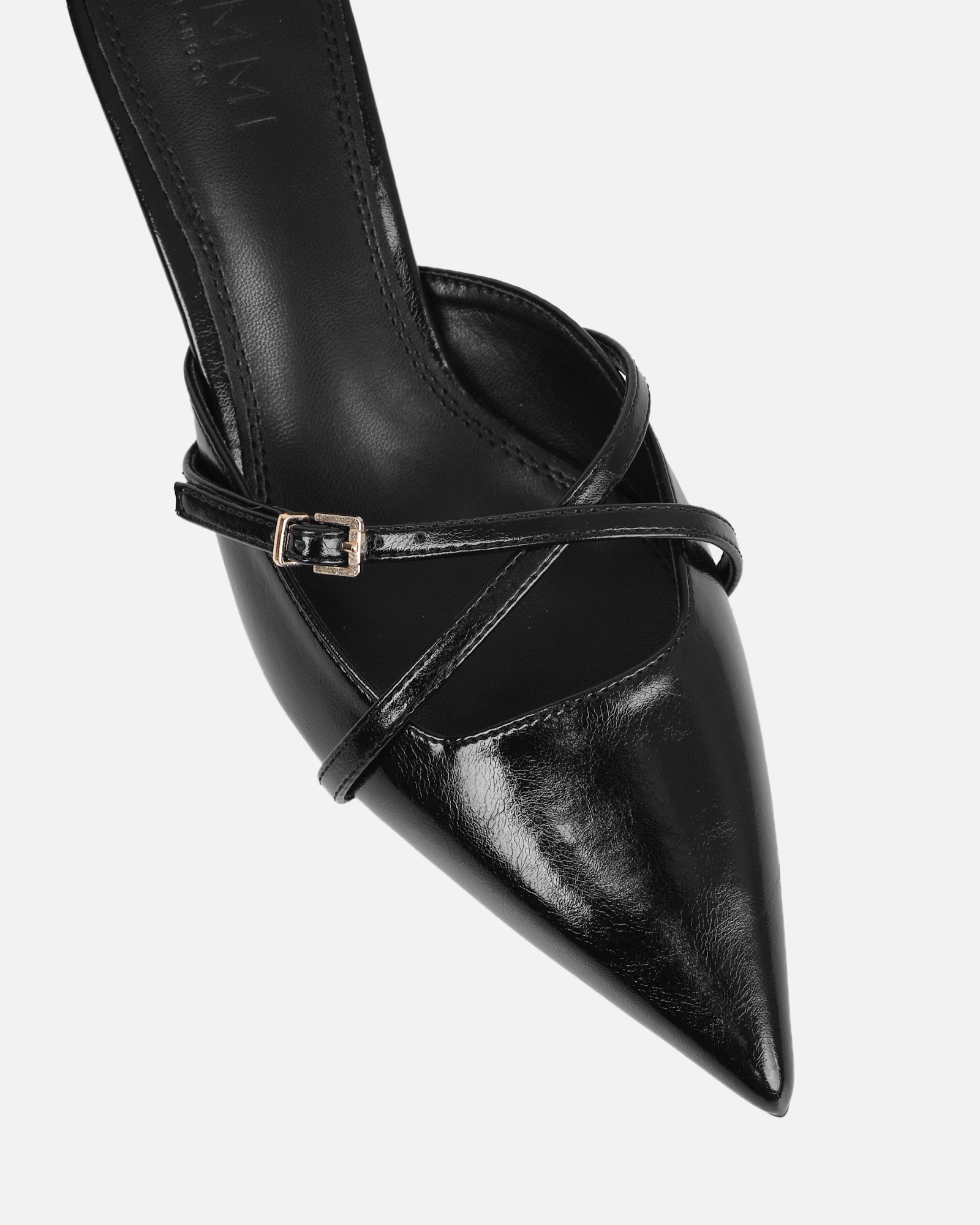 Char blk low heel buckle mules | SIMMI London