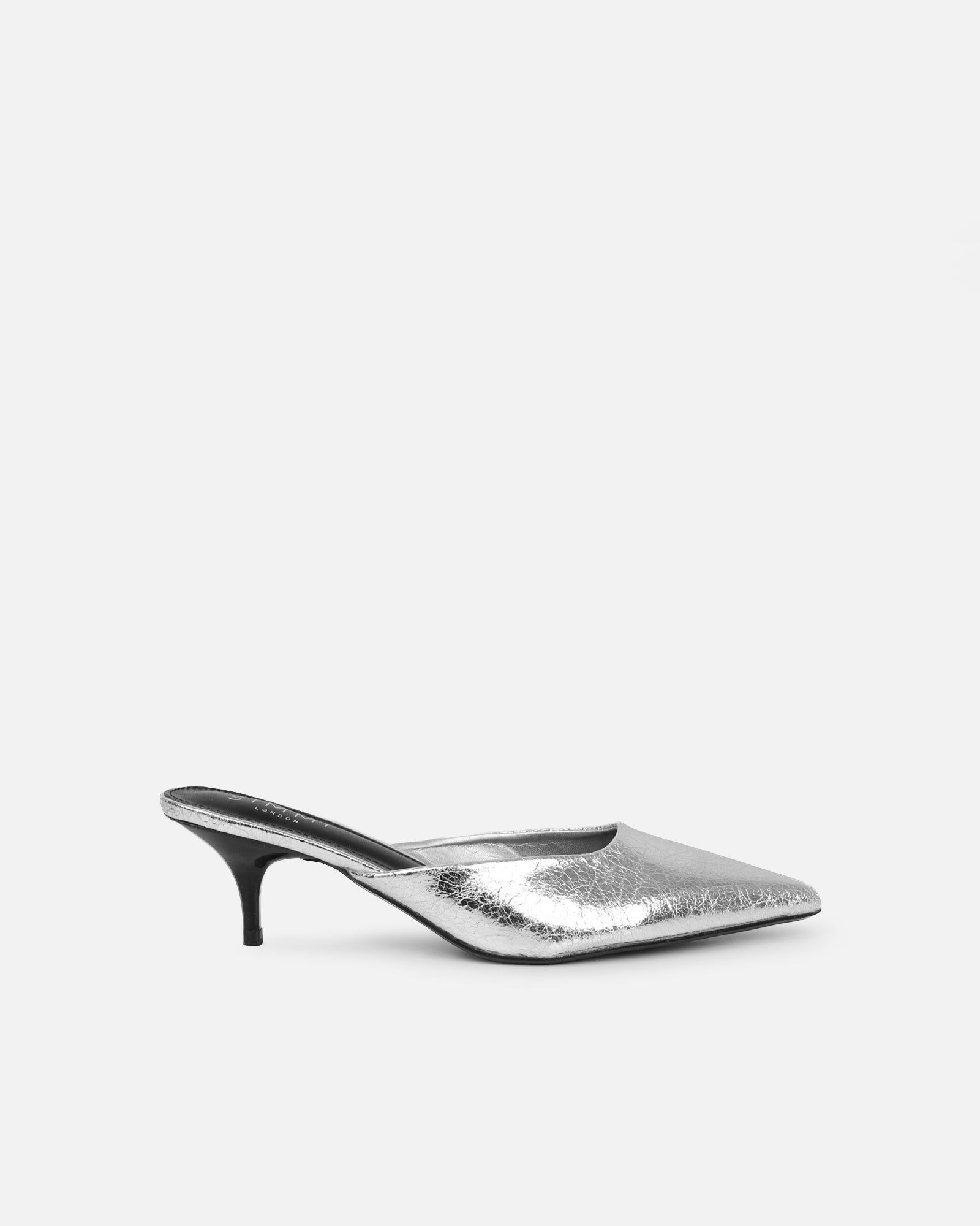 Carson Silver Cracked Kitten Heeled Mules | SIMMI London
