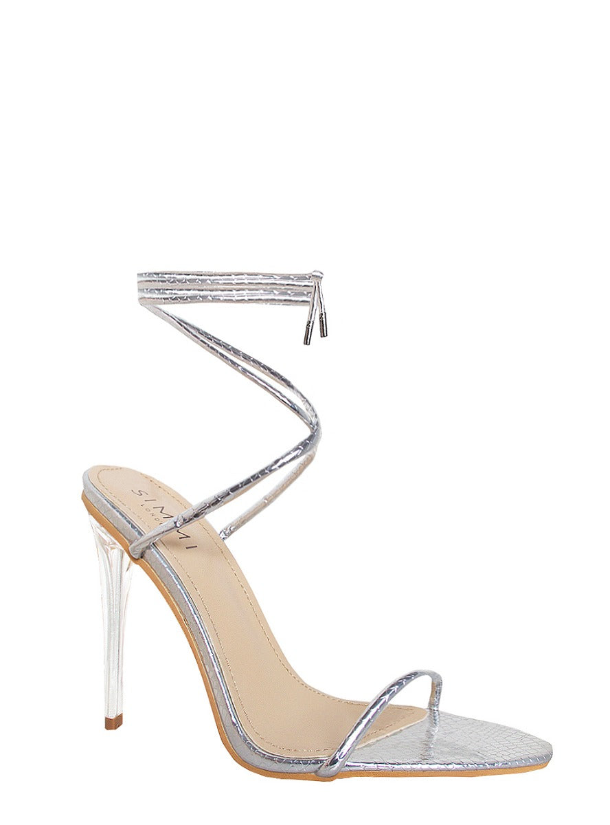 Gemini Silver Snake Lace Up Clear Heels