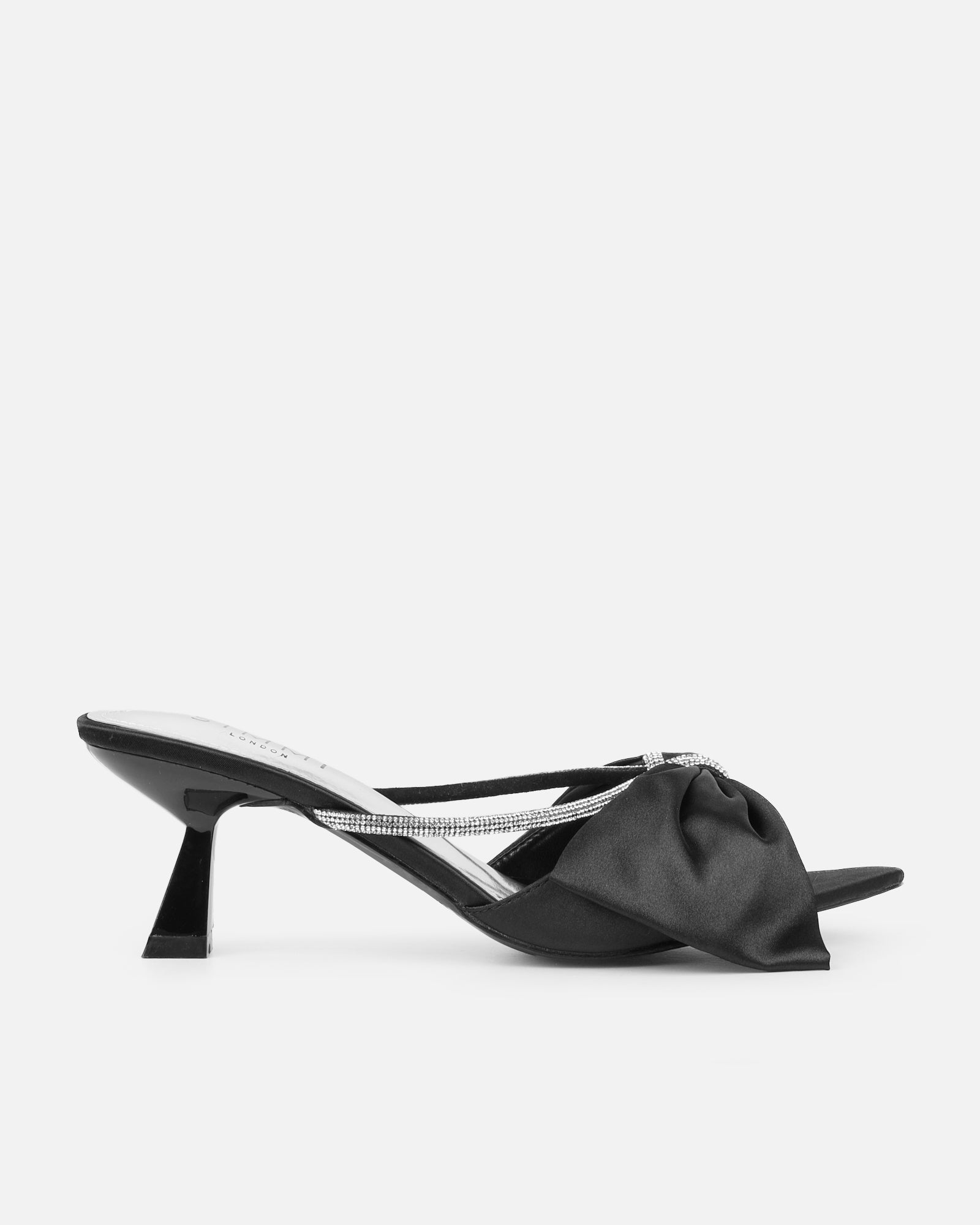 Chayaa  Black Satin Diamante Bow Low Heeled Sandals | SIMMI London