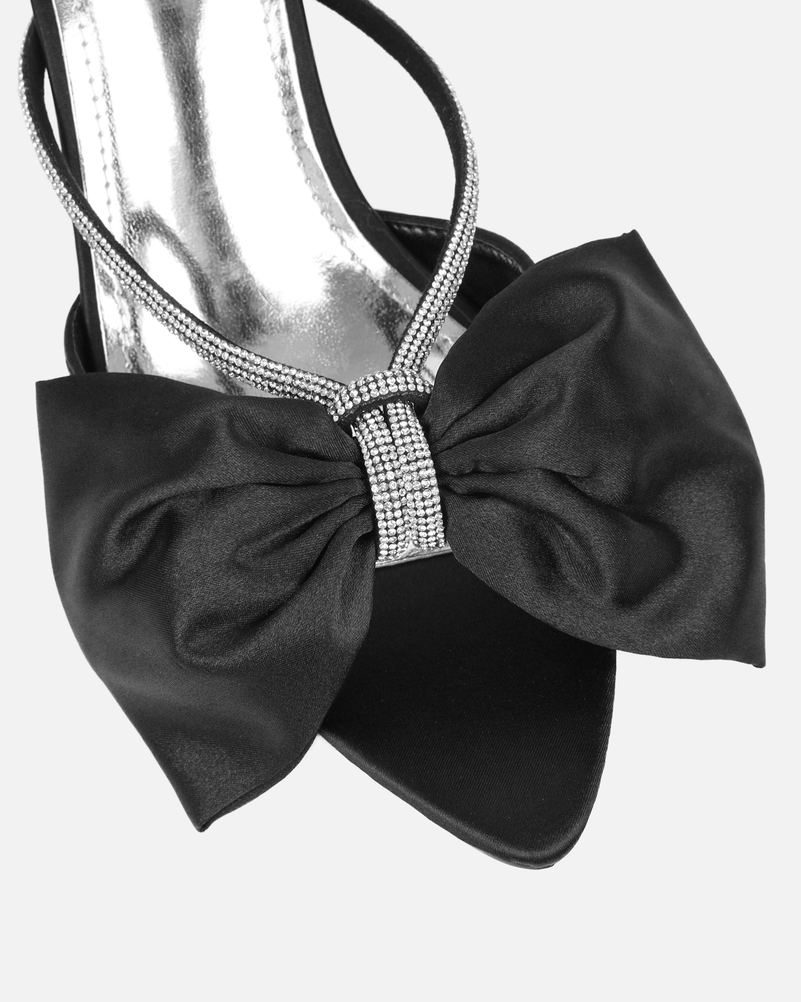Chayaa  Black Satin Diamante Bow Low Heeled Sandals | SIMMI London