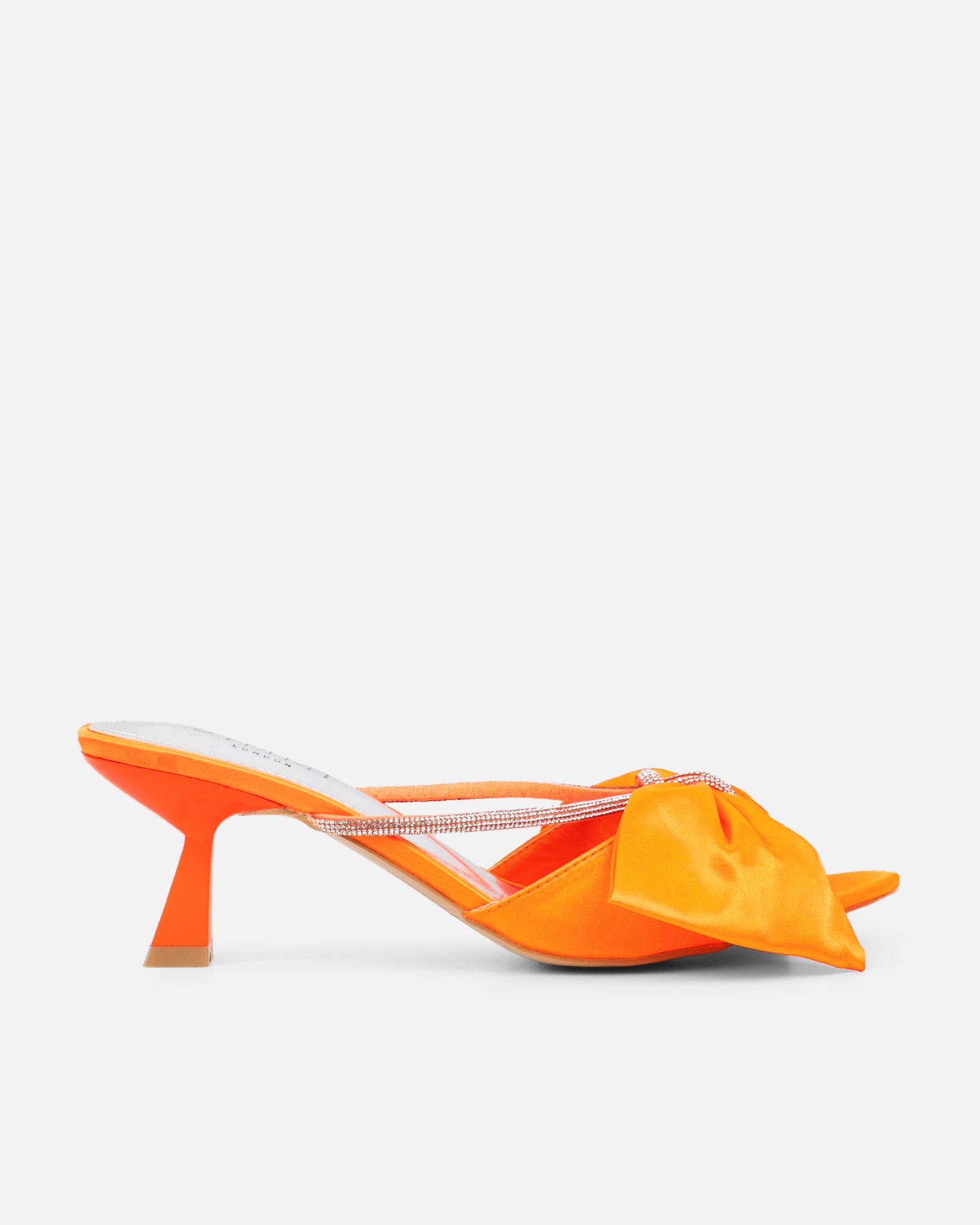 Chayaa Orange Satin Diamante Bow Low Heeled Sandals | SIMMI London