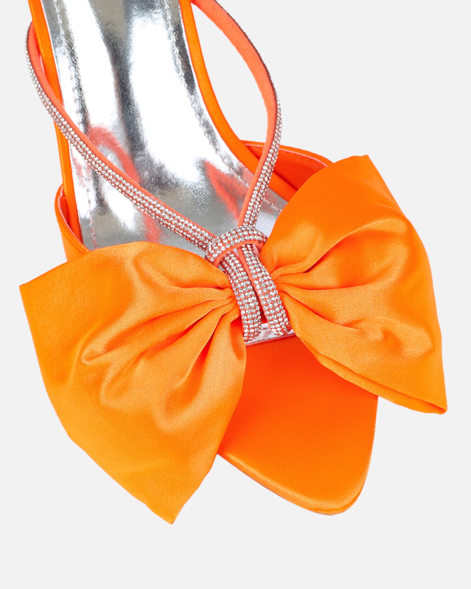 Chayaa Orange Satin Diamante Bow Low Heeled Sandals | SIMMI London