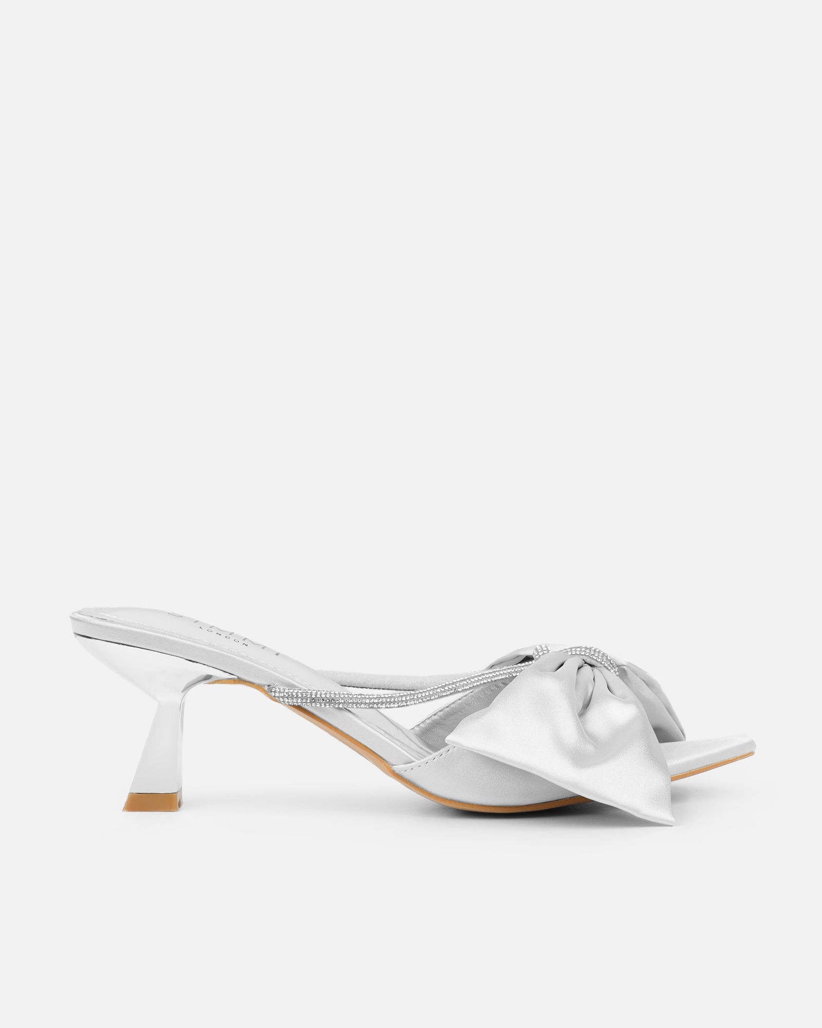 Chayaa silver satin diamante bow low heeled sandals | SIMMI London