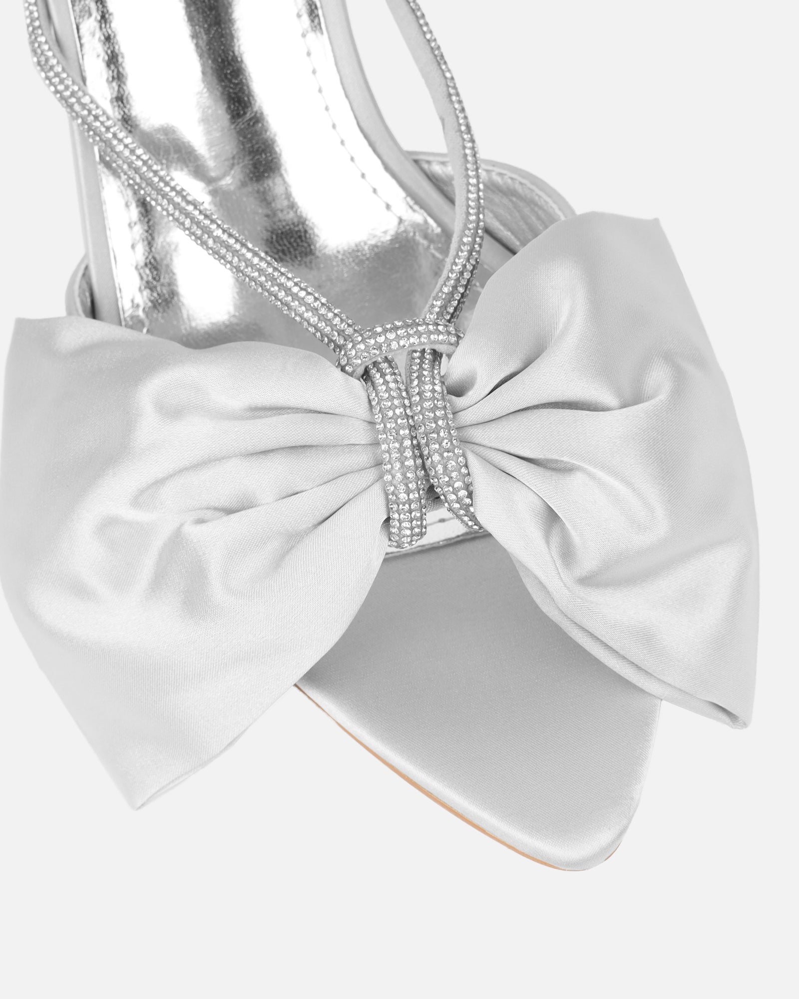 Chayaa silver satin diamante bow low heeled sandals | SIMMI London
