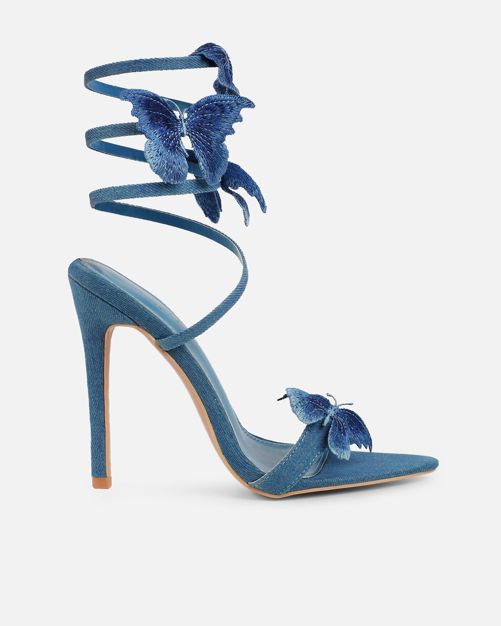 Chenoa Blue Denim Butterfly Spiral Sandals | SIMMI London