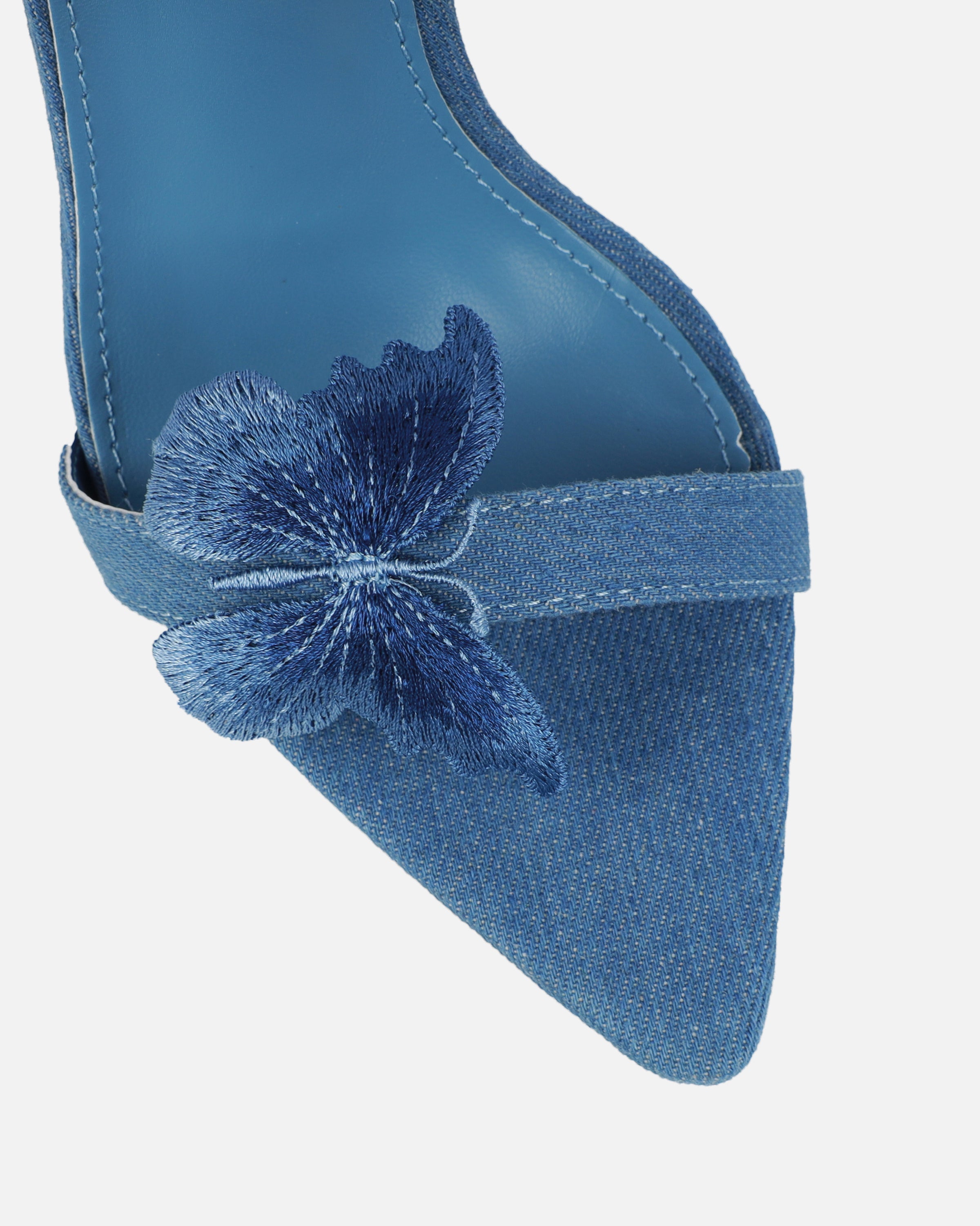 Chenoa Blue Denim Butterfly Spiral Sandals | SIMMI London