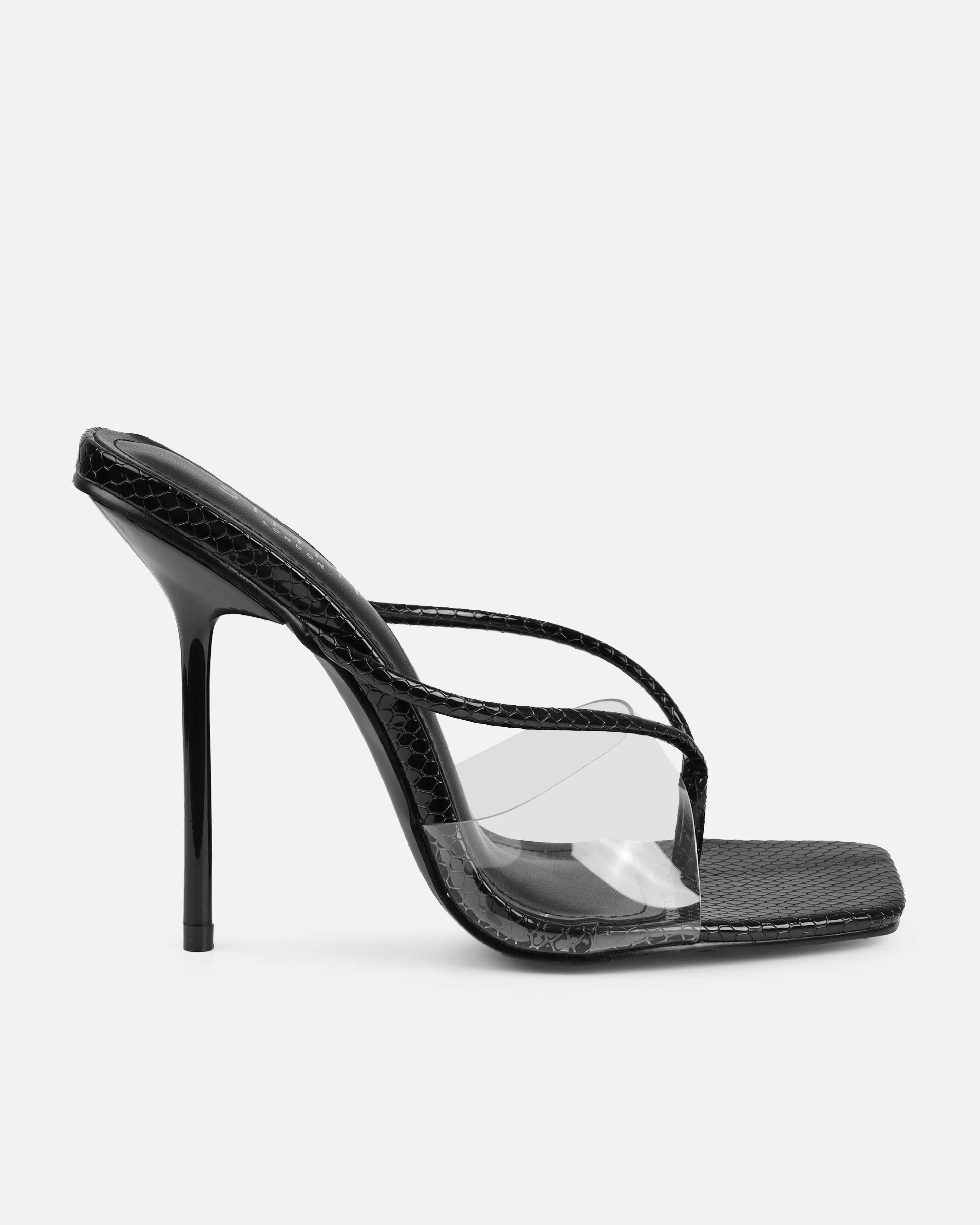 Chita Black Faux Snake Print Clear Toe Thong Mules | SIMMI London