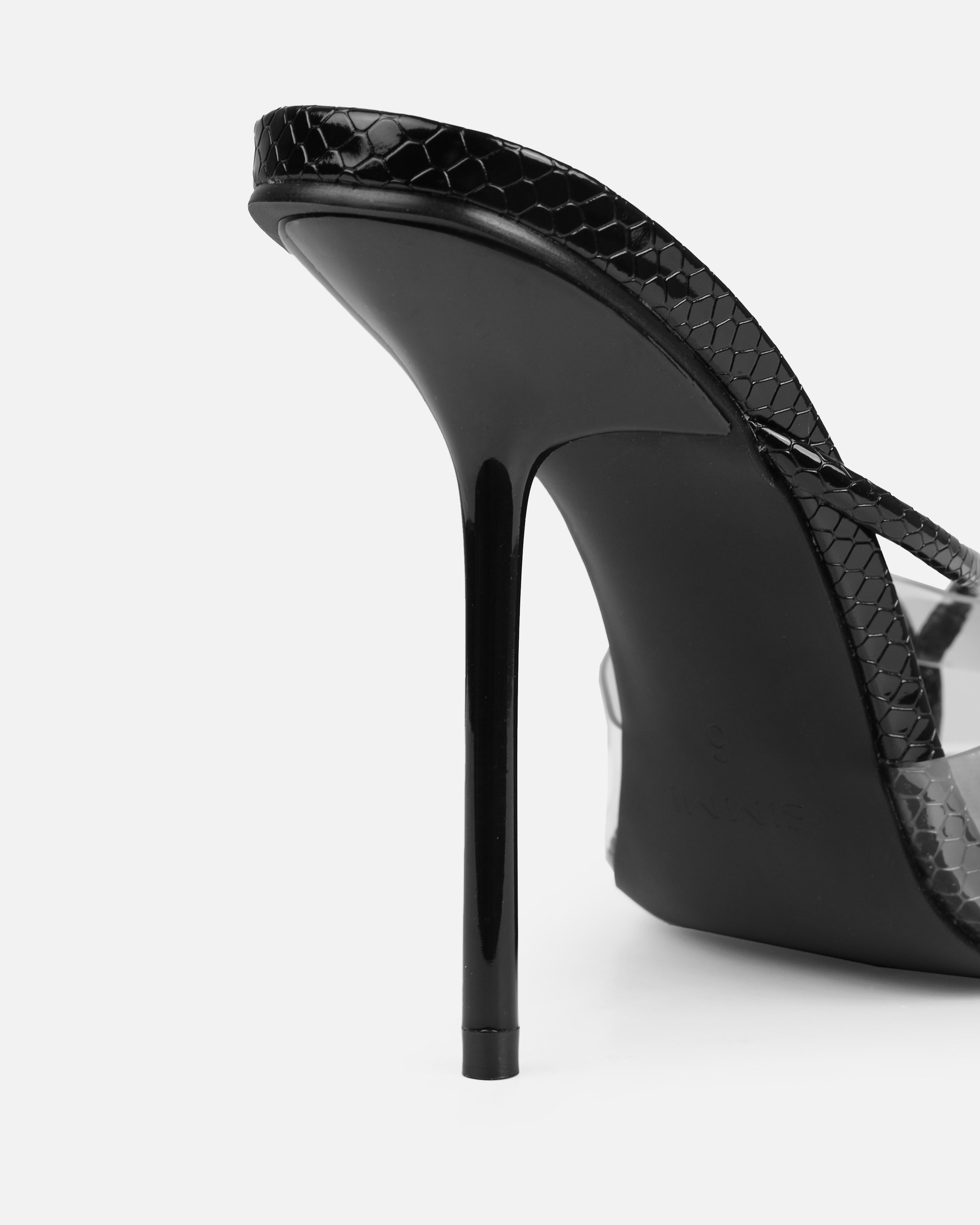 Chita Black Faux Snake Print Clear Toe Thong Mules | SIMMI London
