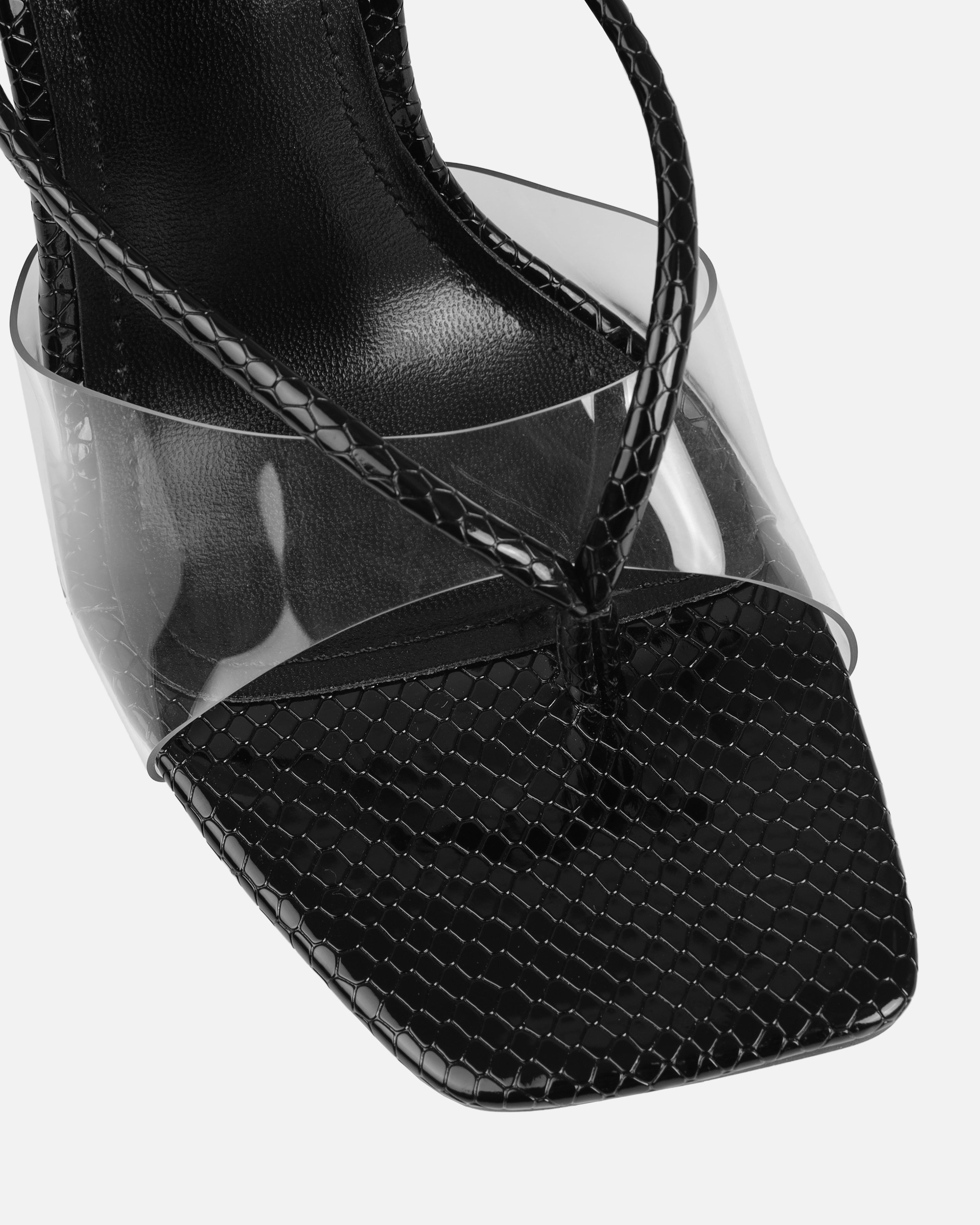 Chita Black Faux Snake Print Clear Toe Thong Mules | SIMMI London