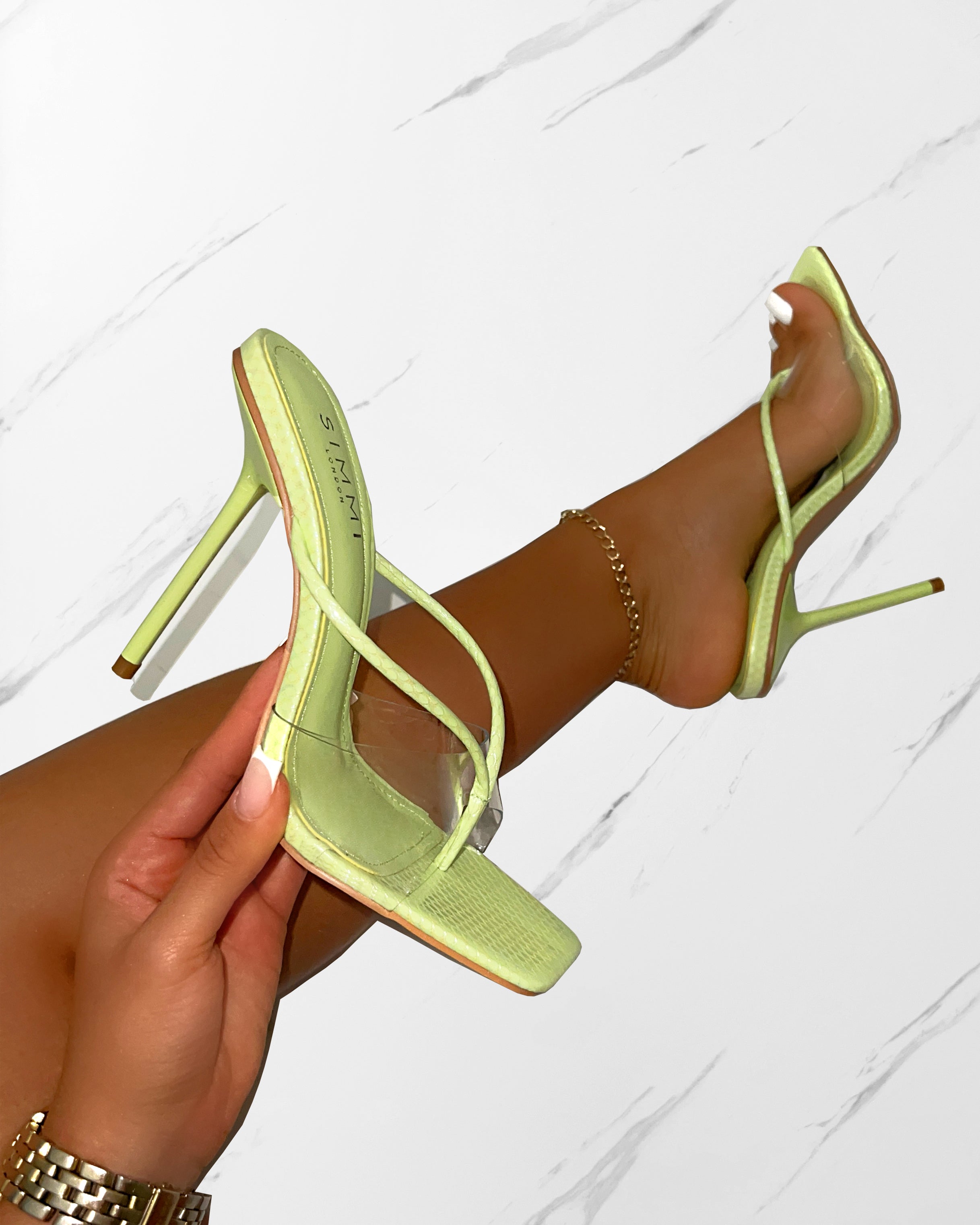 Chita Green Faux Snake Print Clear Toe Thong Mules | SIMMI London