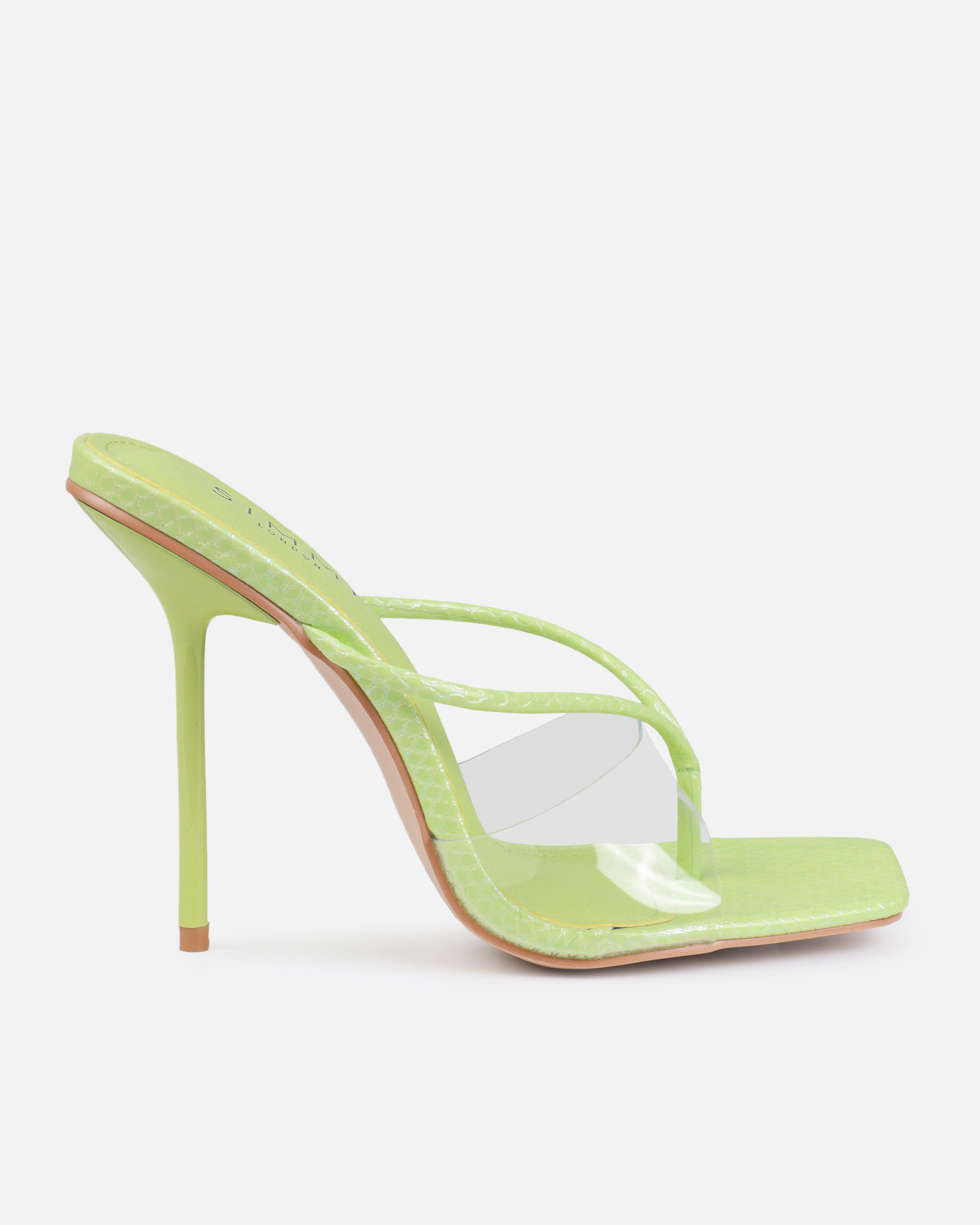 Chita Green Faux Snake Print Clear Toe Thong Mules | SIMMI London