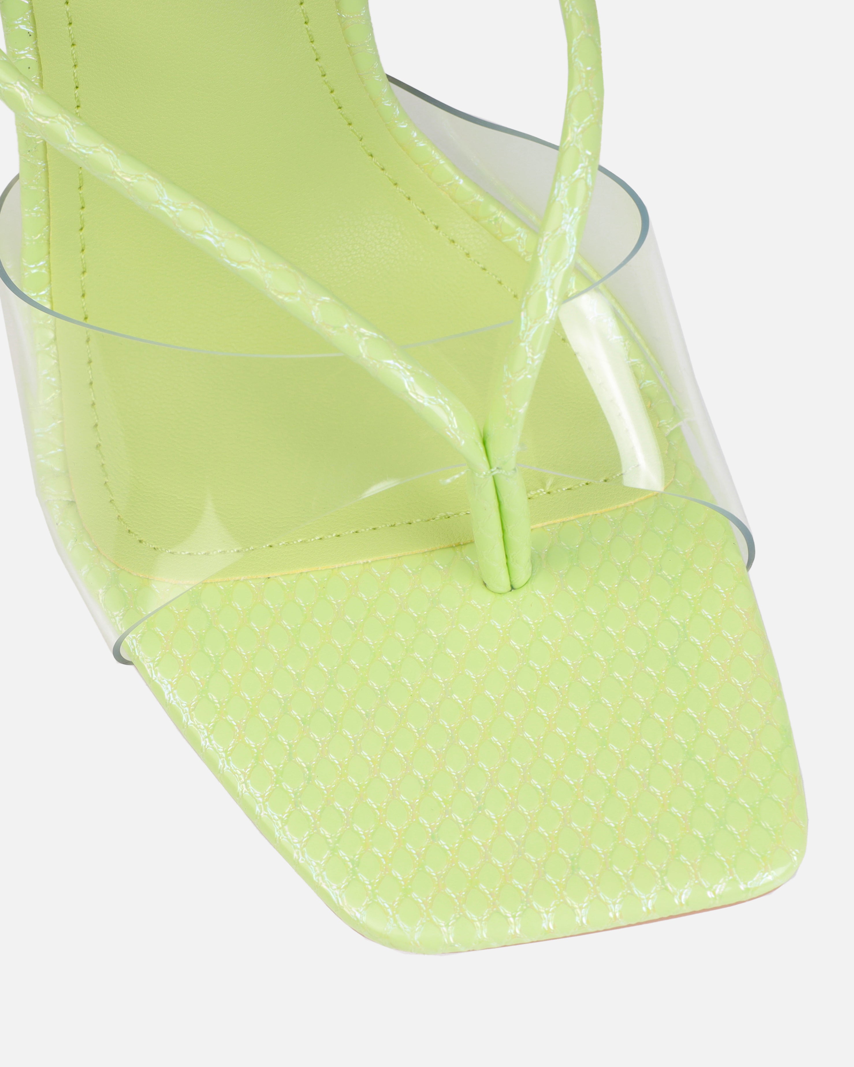Chita Green Faux Snake Print Clear Toe Thong Mules | SIMMI London